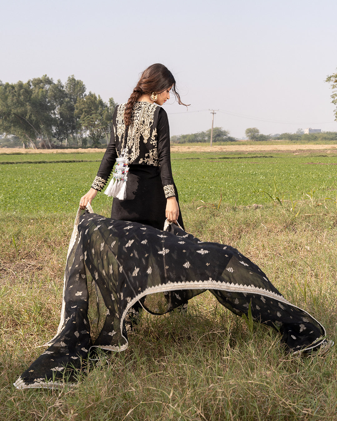 Black Embroidered Organza Koti Korean Raw Silk Salwar Kameez (3-Piece) - Image 4