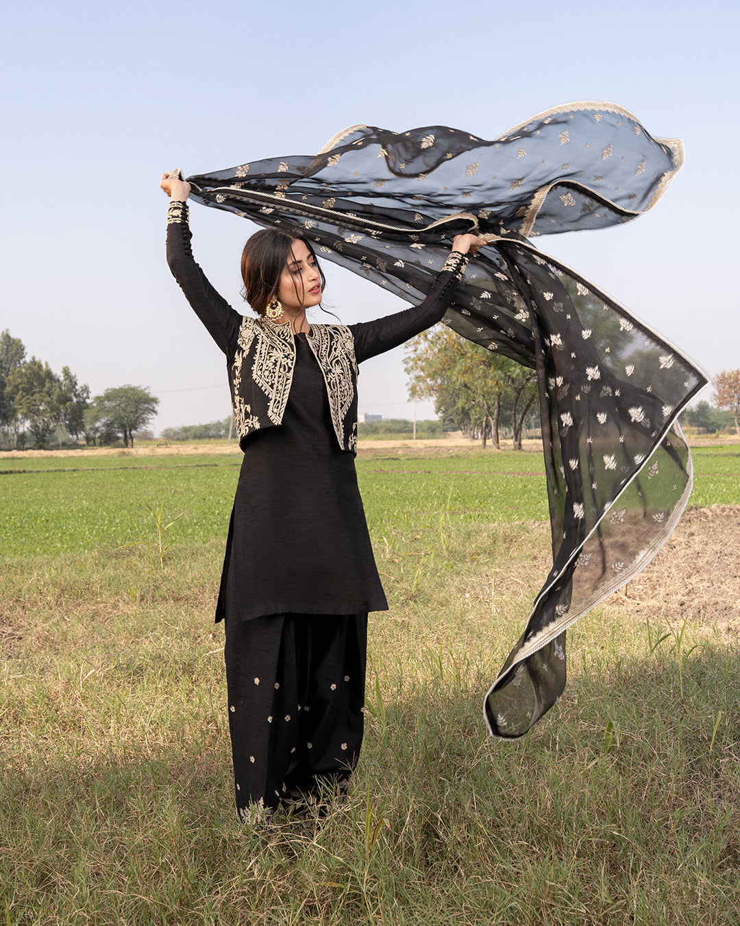 Black Embroidered Organza Koti Korean Raw Silk Salwar Kameez (3-Piece) - Image 5