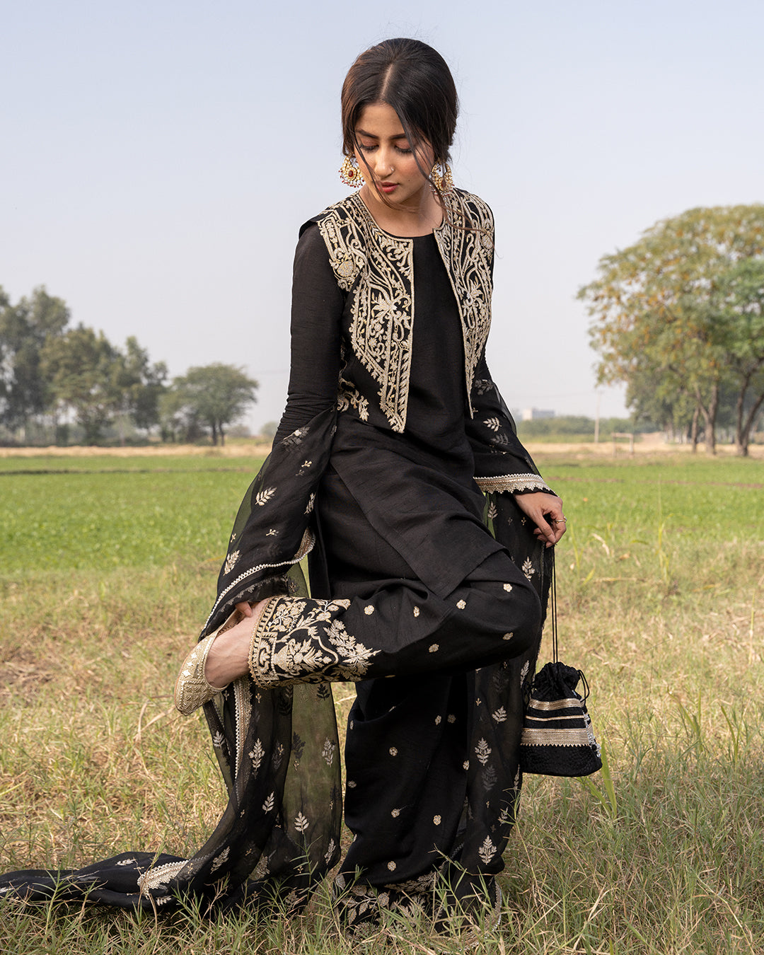 Black Embroidered Organza & Silk Salwar Kameez (3-Piece) - Image 3