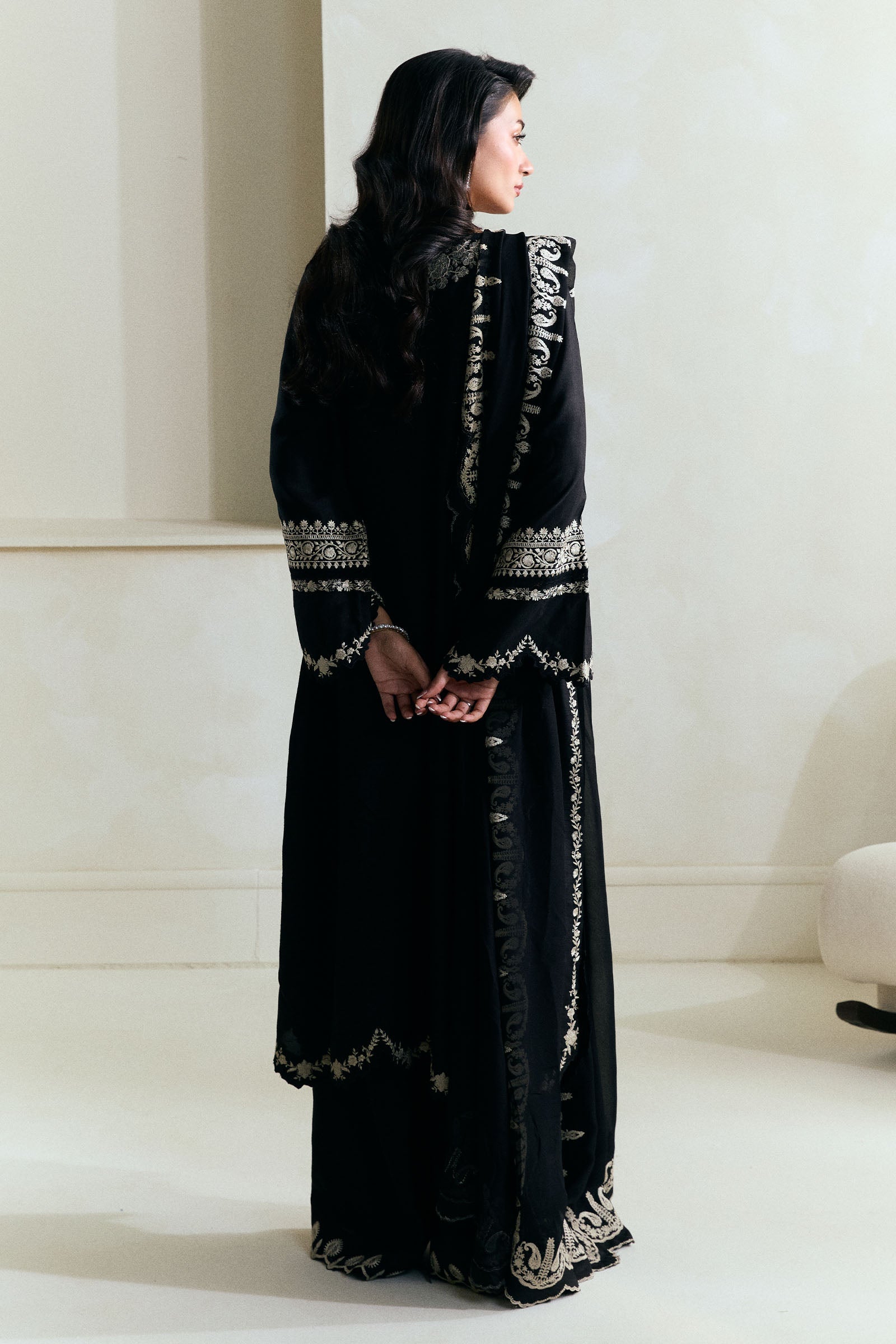 Pakistani Onyx Black Embroidered Raw Silk Salwar Kameez (3-Piece) - Image 2