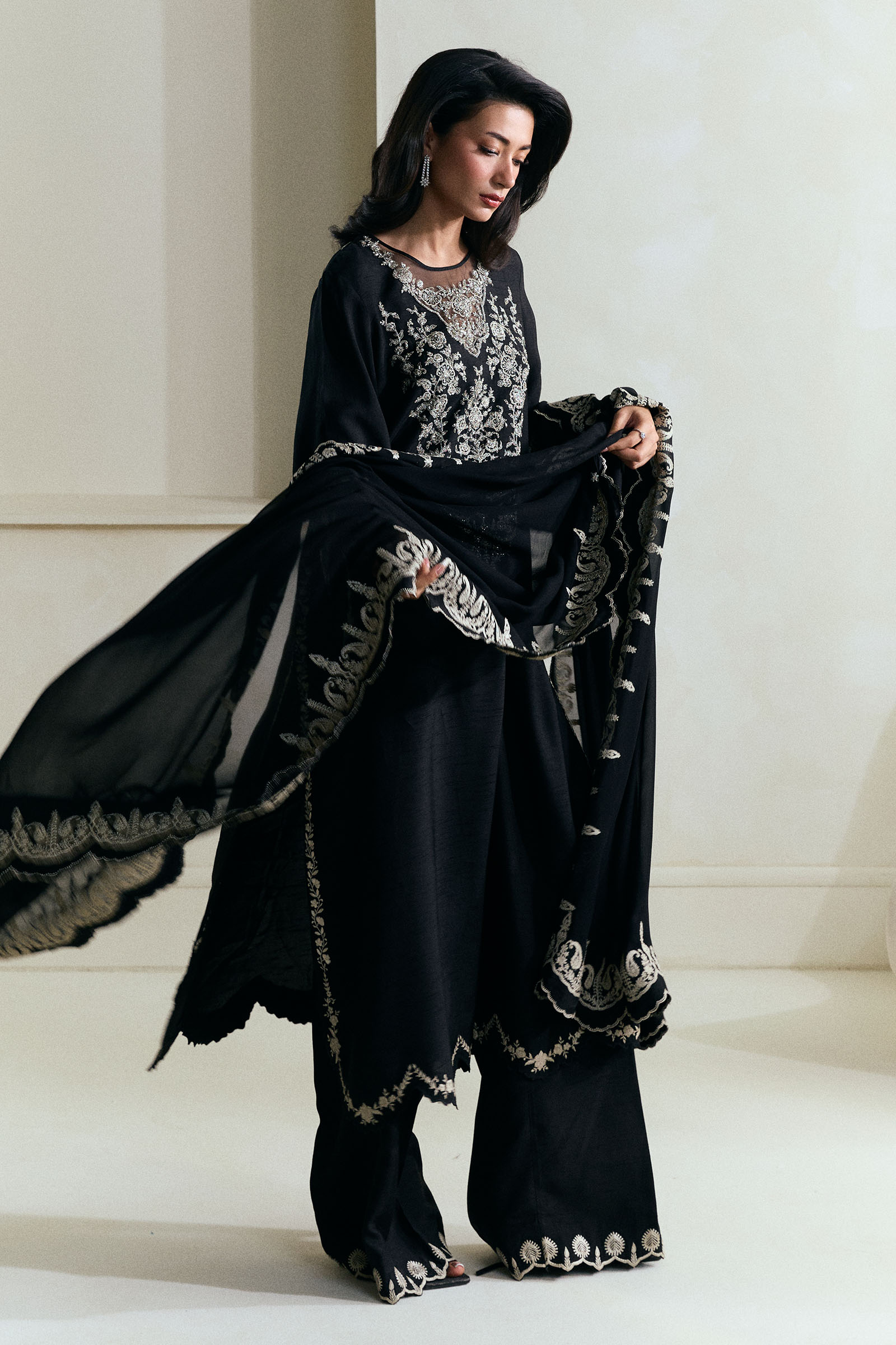 Pakistani Onyx Black Embroidered Raw Silk Salwar Kameez (3-Piece) - Image 3