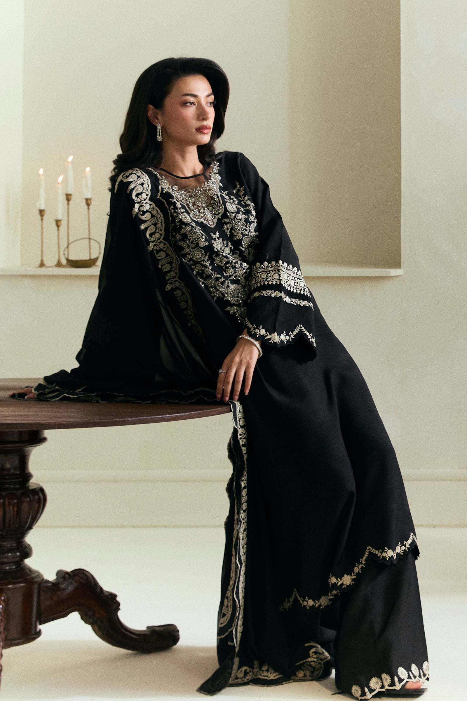 Pakistani Onyx Black Embroidered Raw Silk Salwar Kameez (3-Piece) - Image 4