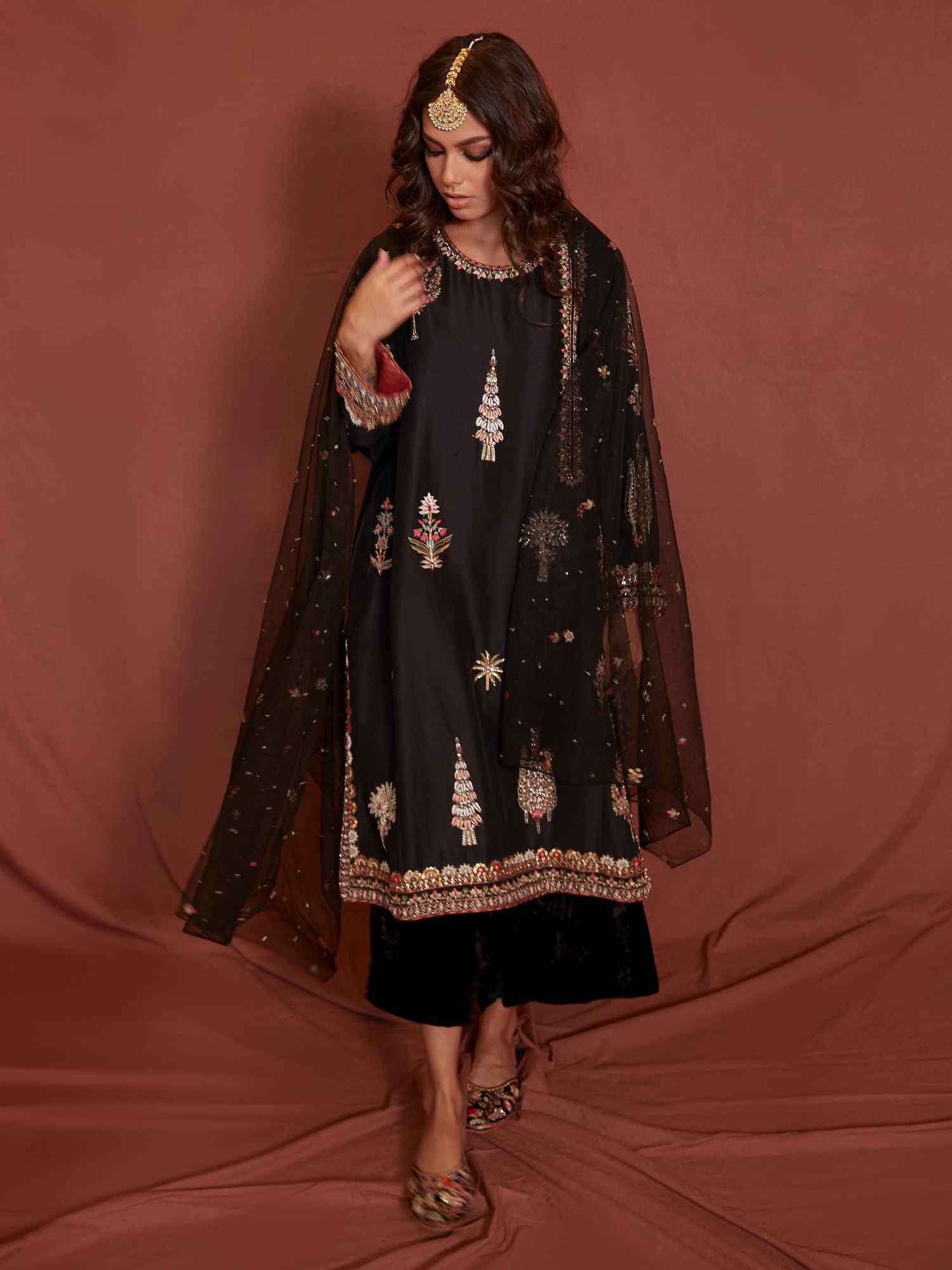 Black Embroidered Raw Silk Kurta Set (3-Piece) - Image 1
