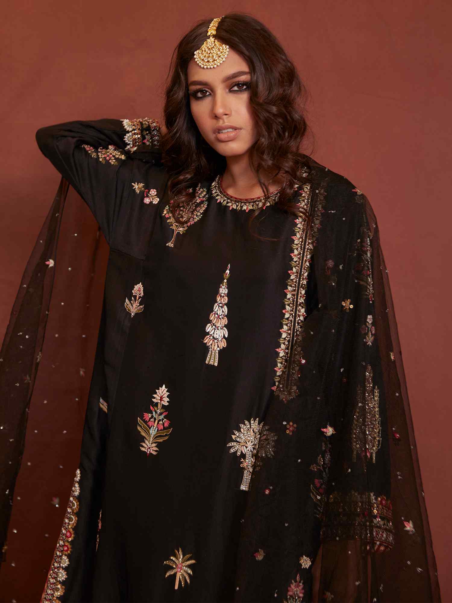 Black Embroidered Raw Silk Kurta Set (3-Piece) - Image 2