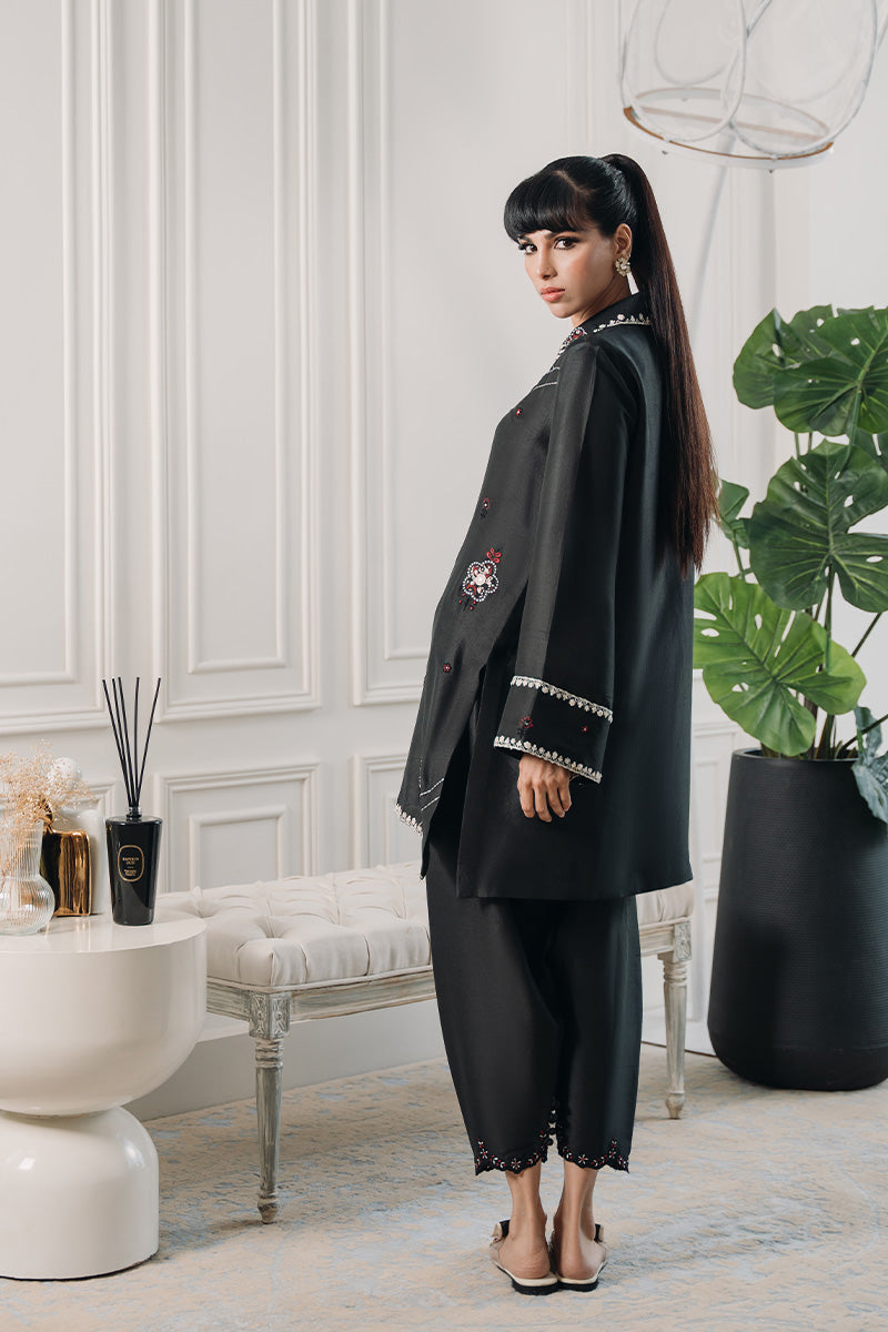 Black Ajrak-Inspired Embroidered Silk Salwar Kameez (2-Piece) - Image 2