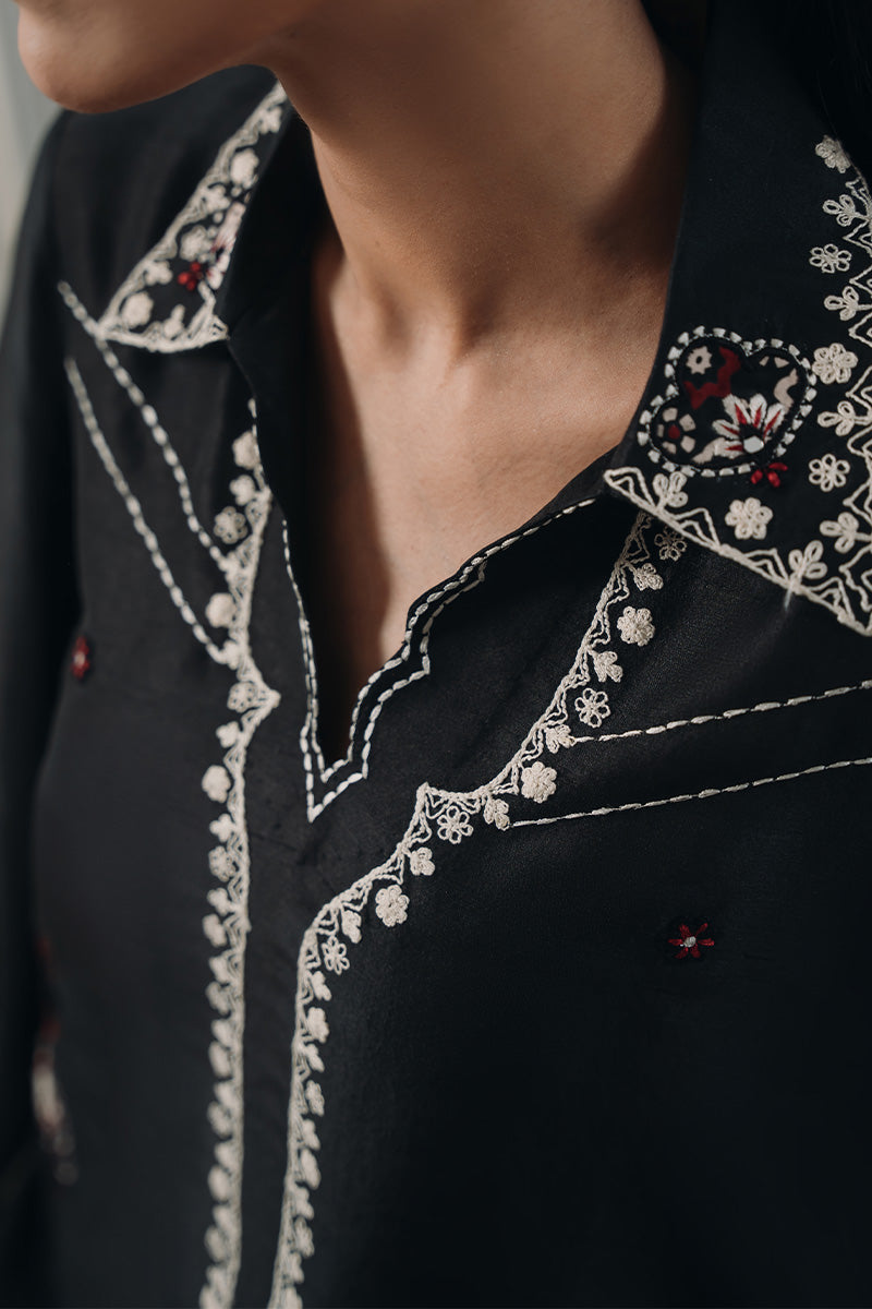 Black Ajrak-Inspired Embroidered Silk Salwar Kameez (2-Piece) - Image 6