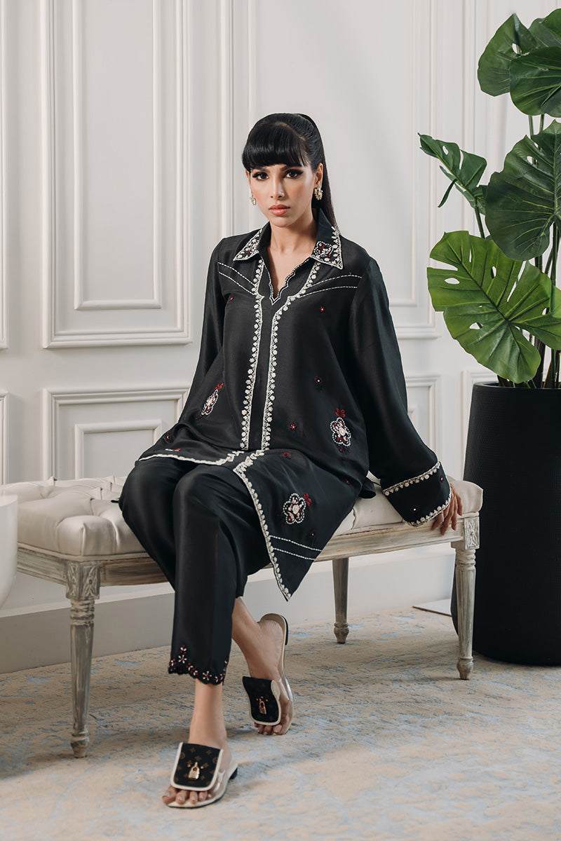 Black Ajrak-Inspired Embroidered Silk Salwar Kameez (2-Piece) - Image 8