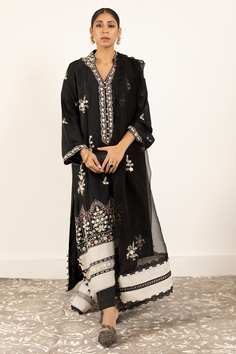 Pakistani Black Embroidered Raw Silk Salwar Kameez (3-Piece) - Image 1