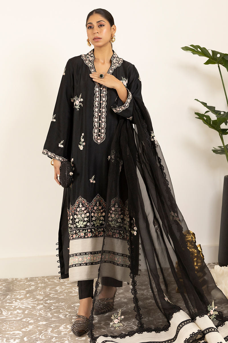 Pakistani Black Embroidered Raw Silk Salwar Kameez (3-Piece) - Image 2