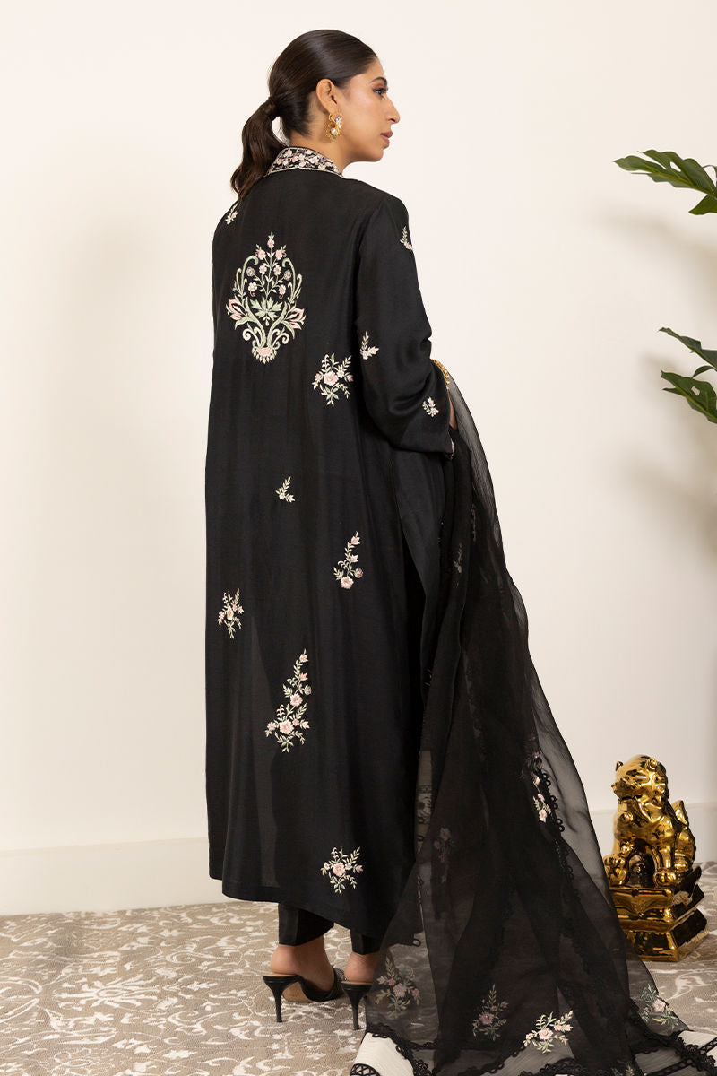 Pakistani Black Embroidered Raw Silk Salwar Kameez (3-Piece) - Image 3