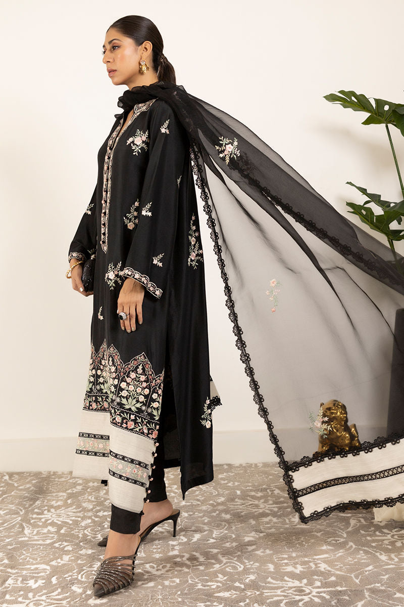 Pakistani Black Embroidered Raw Silk Salwar Kameez (3-Piece) - Image 4