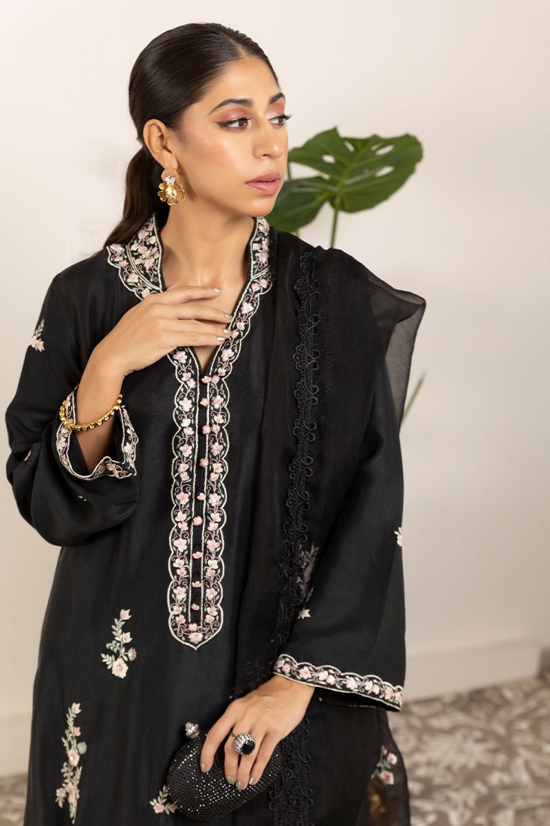 Pakistani Black Embroidered Raw Silk Salwar Kameez (3-Piece) - Image 5