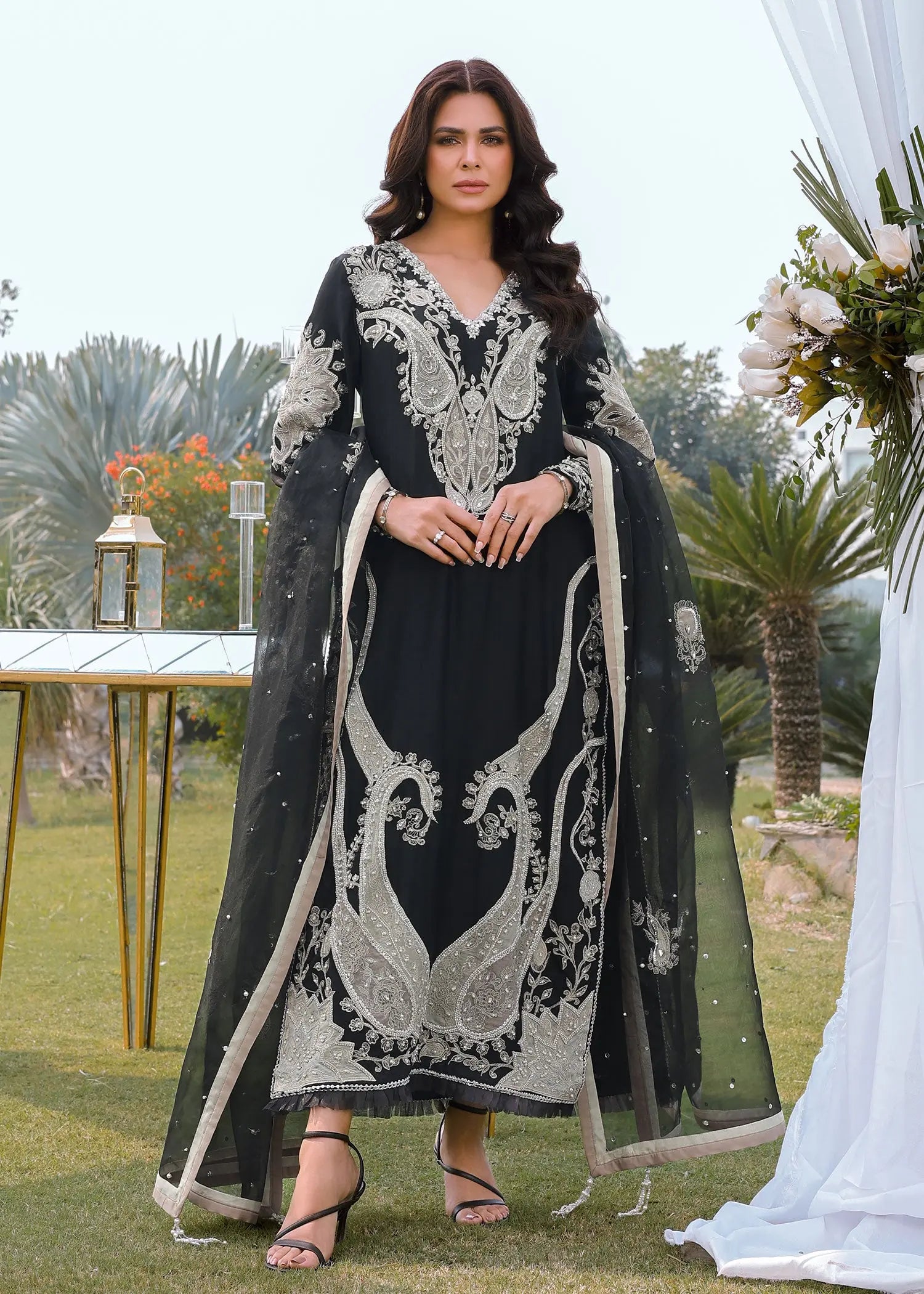 Black Embroidered Raw Silk Salwar Kameez (3-Piece) - Image 1
