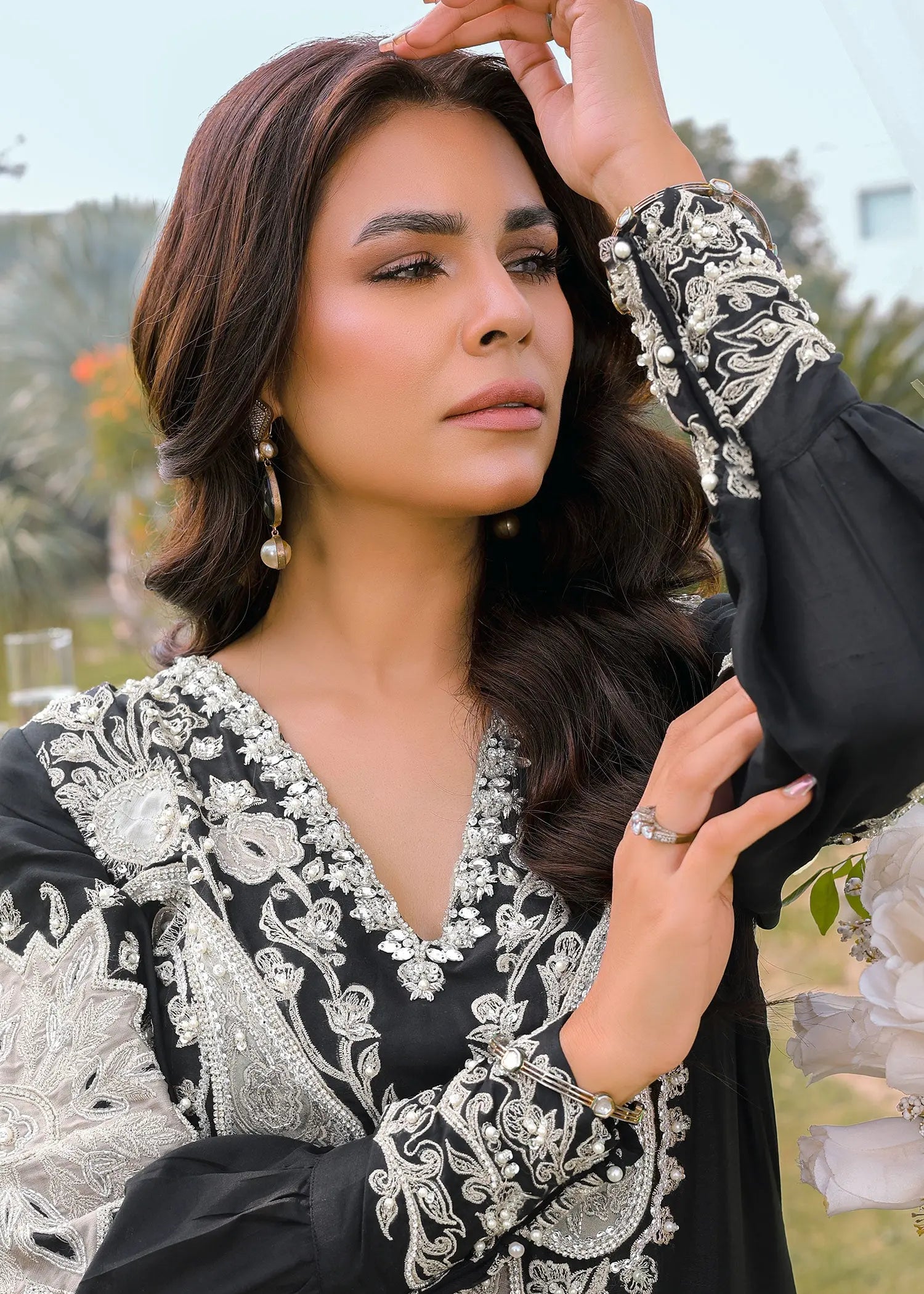 Black Embroidered Raw Silk Salwar Kameez (3-Piece) - Image 3