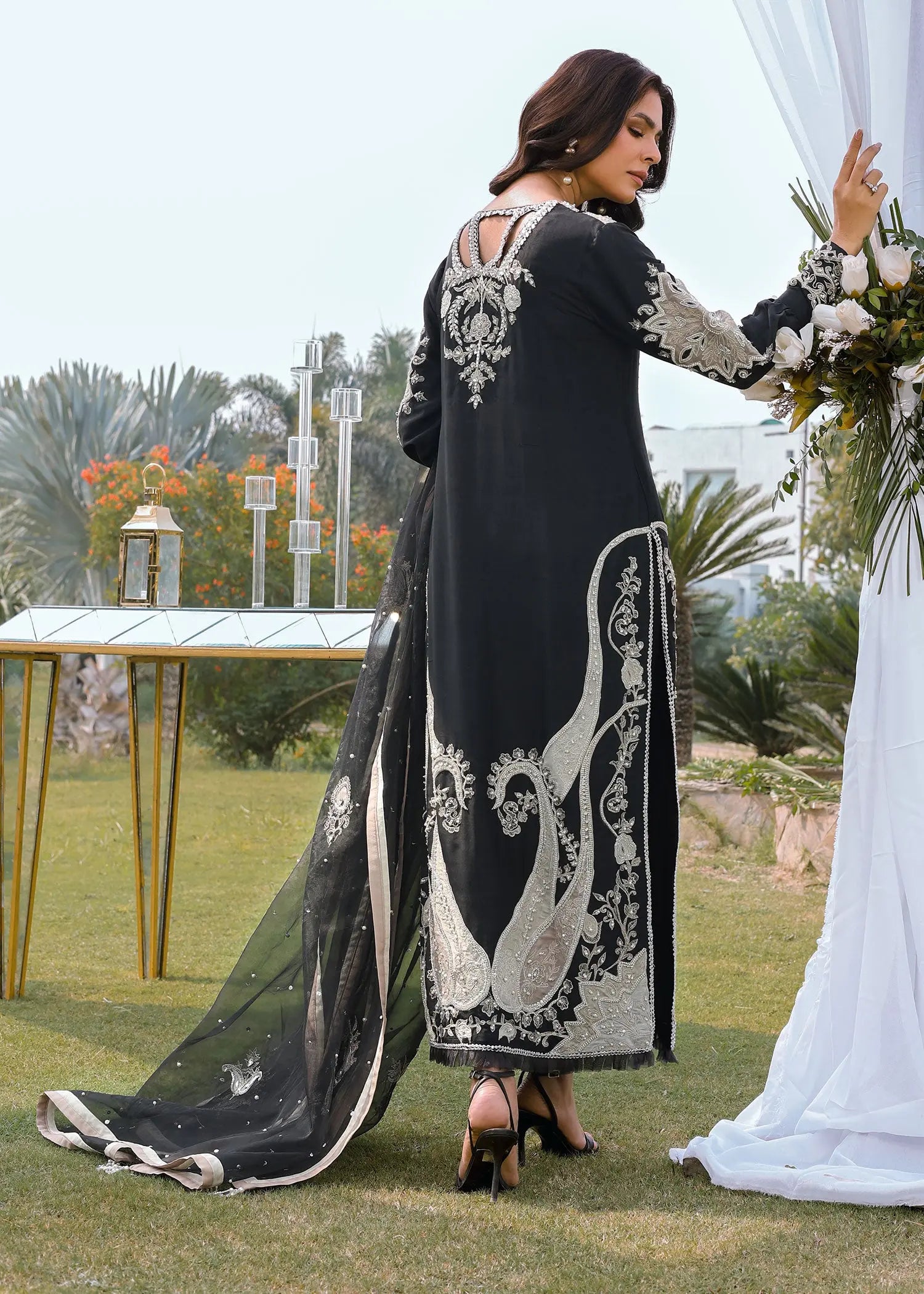 Black Embroidered Raw Silk Salwar Kameez (3-Piece) - Image 4