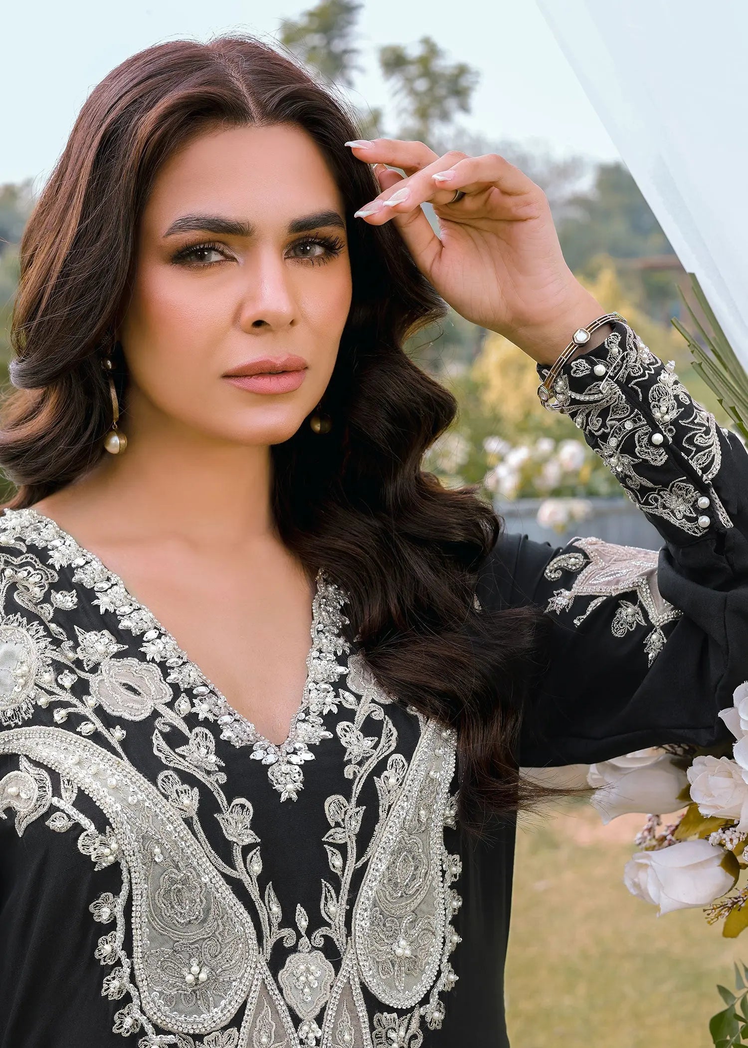 Black Embroidered Raw Silk Salwar Kameez (3-Piece) - Image 6