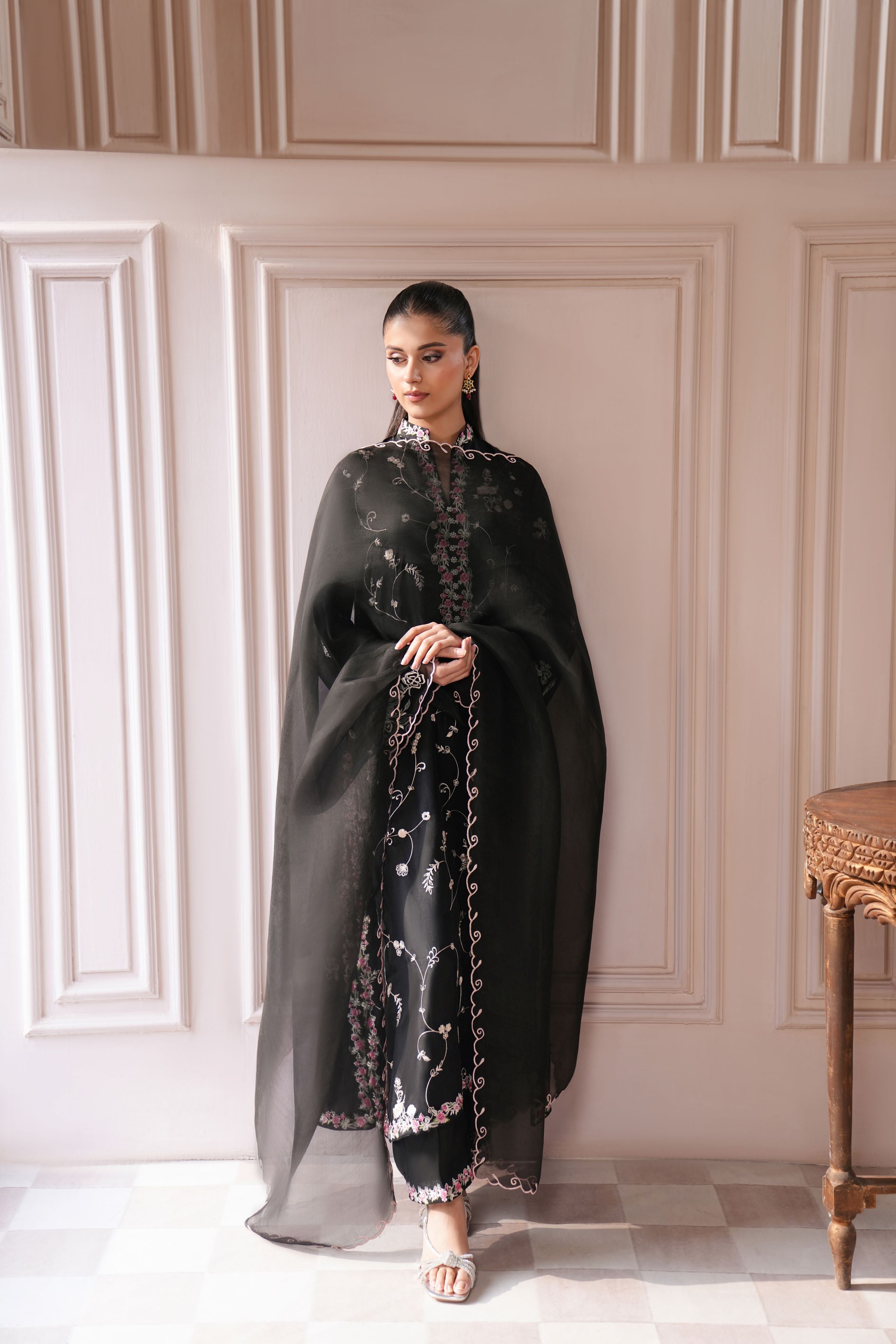 Pakistani Jet Black Embroidered Pure Raw Silk Salwar Kameez (3-Piece) - Image 1