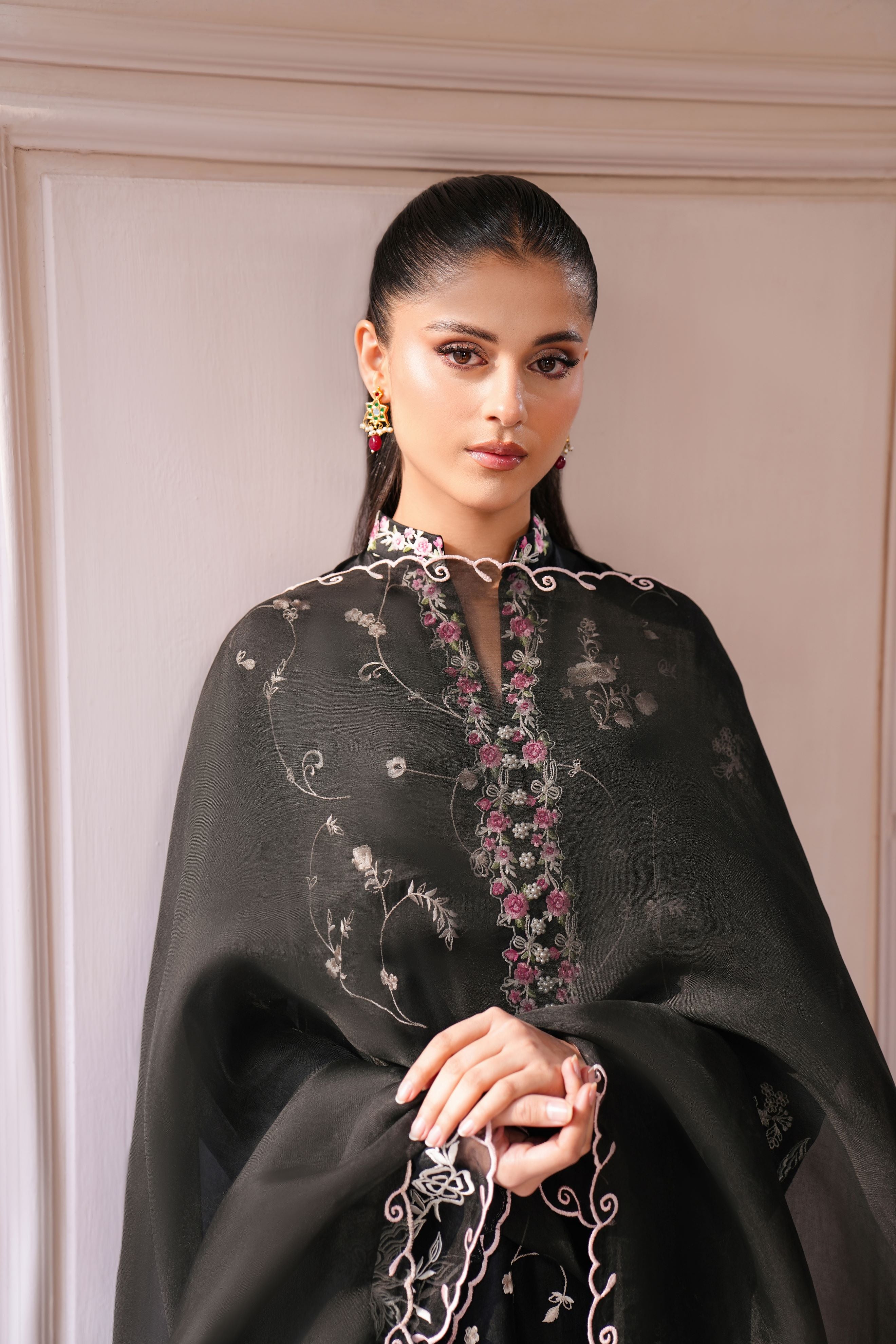 Pakistani Jet Black Embroidered Pure Raw Silk Salwar Kameez (3-Piece) - Image 2