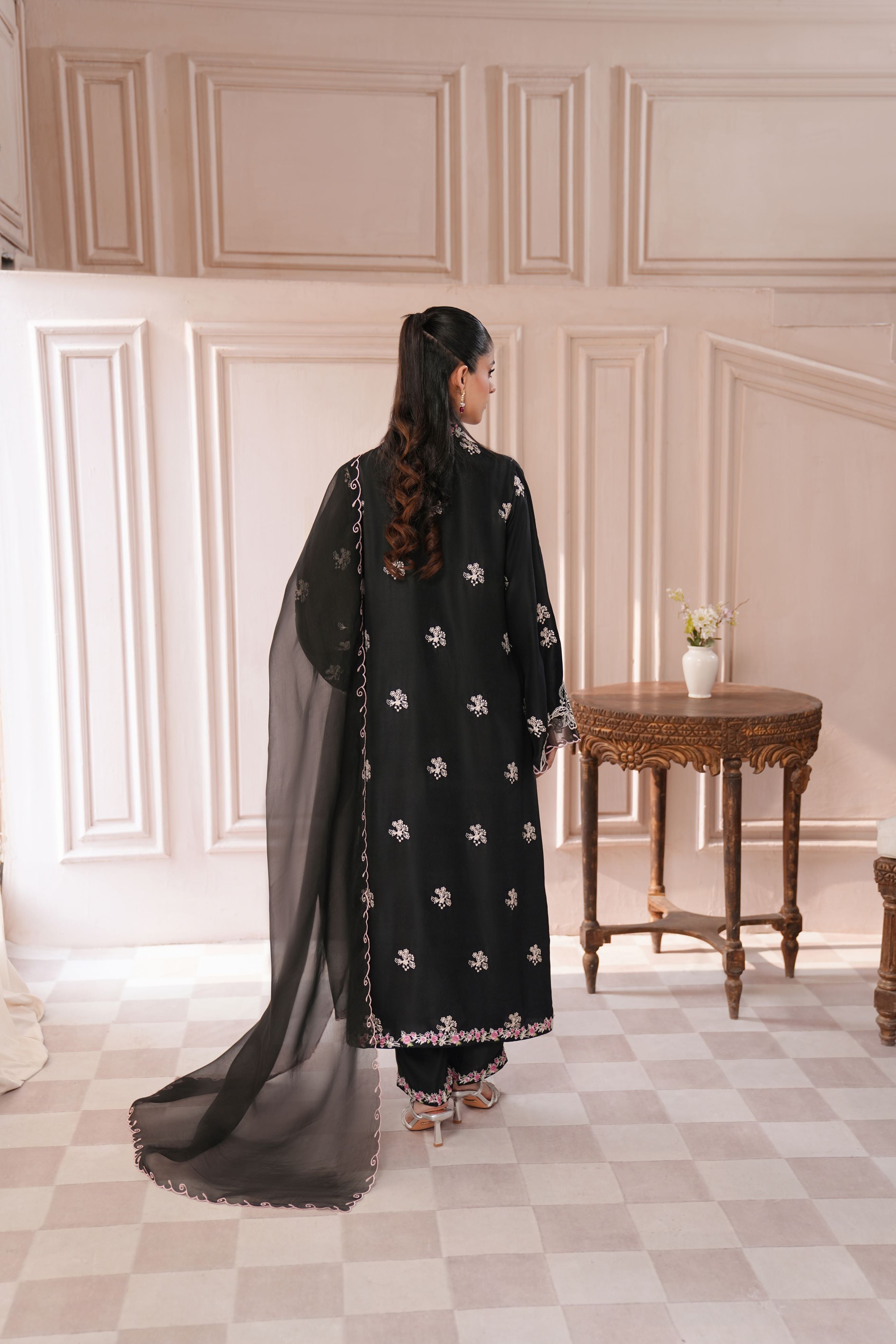 Pakistani Jet Black Embroidered Pure Raw Silk Salwar Kameez (3-Piece) - Image 3