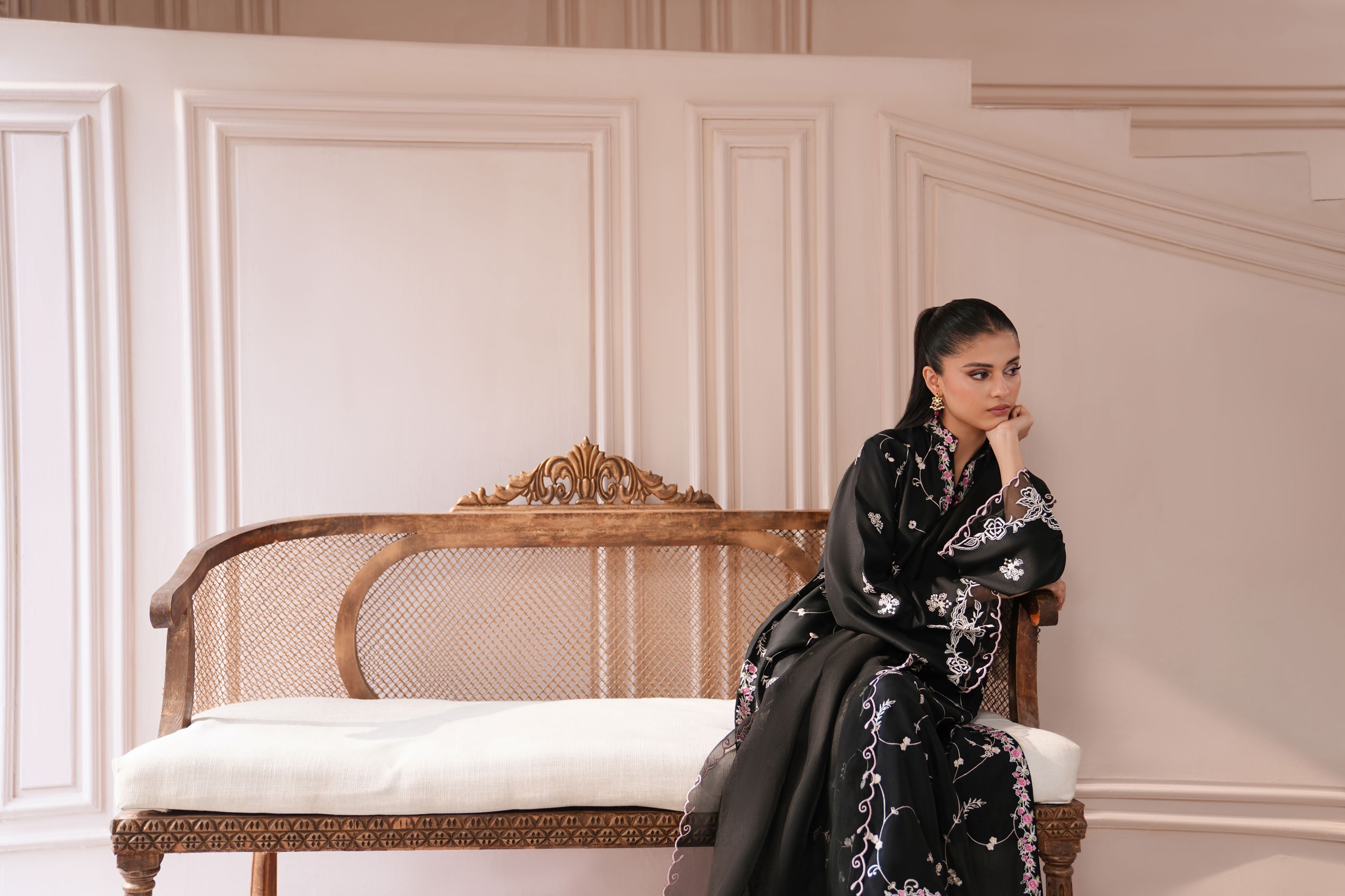 Pakistani Jet Black Embroidered Pure Raw Silk Salwar Kameez (3-Piece) - Image 4