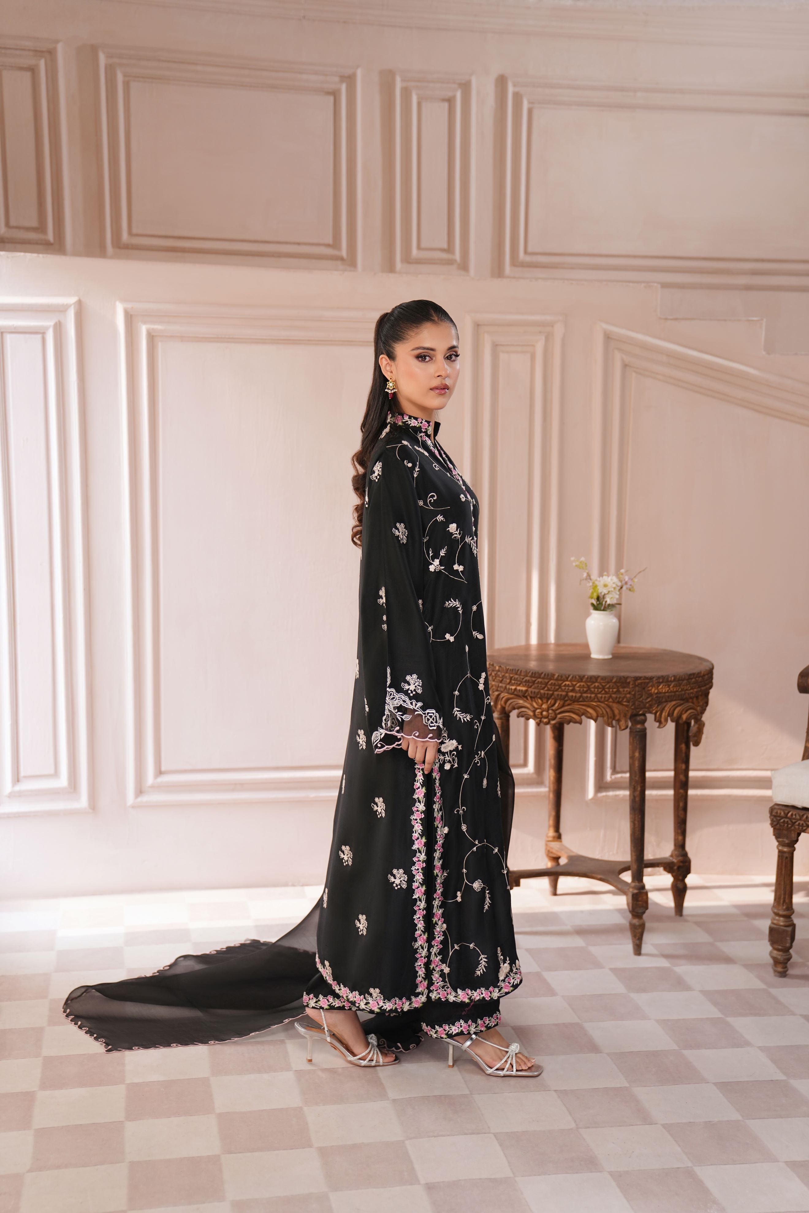 Pakistani Jet Black Embroidered Pure Raw Silk Salwar Kameez (3-Piece) - Image 6