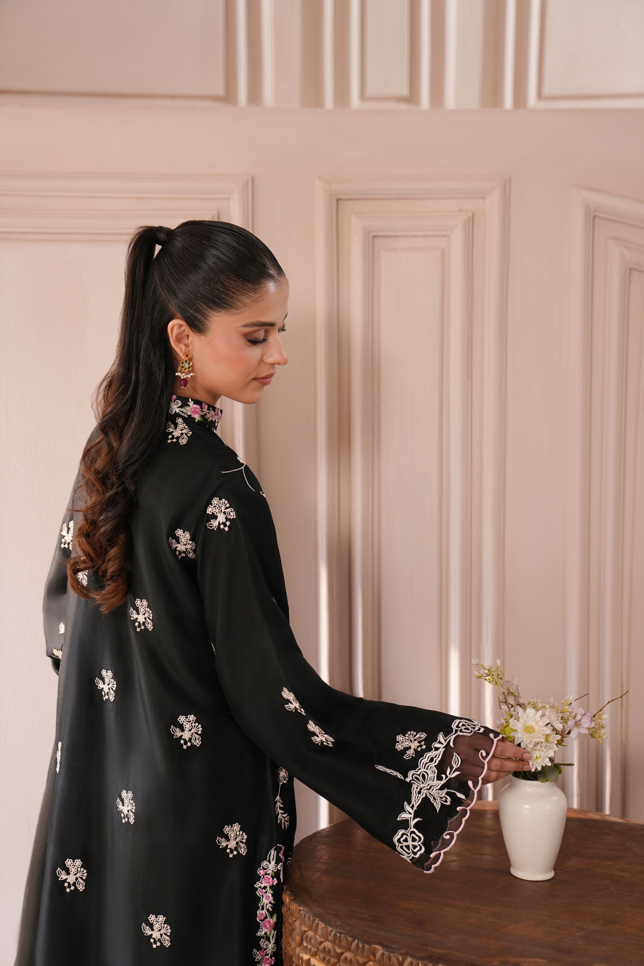 Pakistani Jet Black Embroidered Pure Raw Silk Salwar Kameez (3-Piece) - Image 7