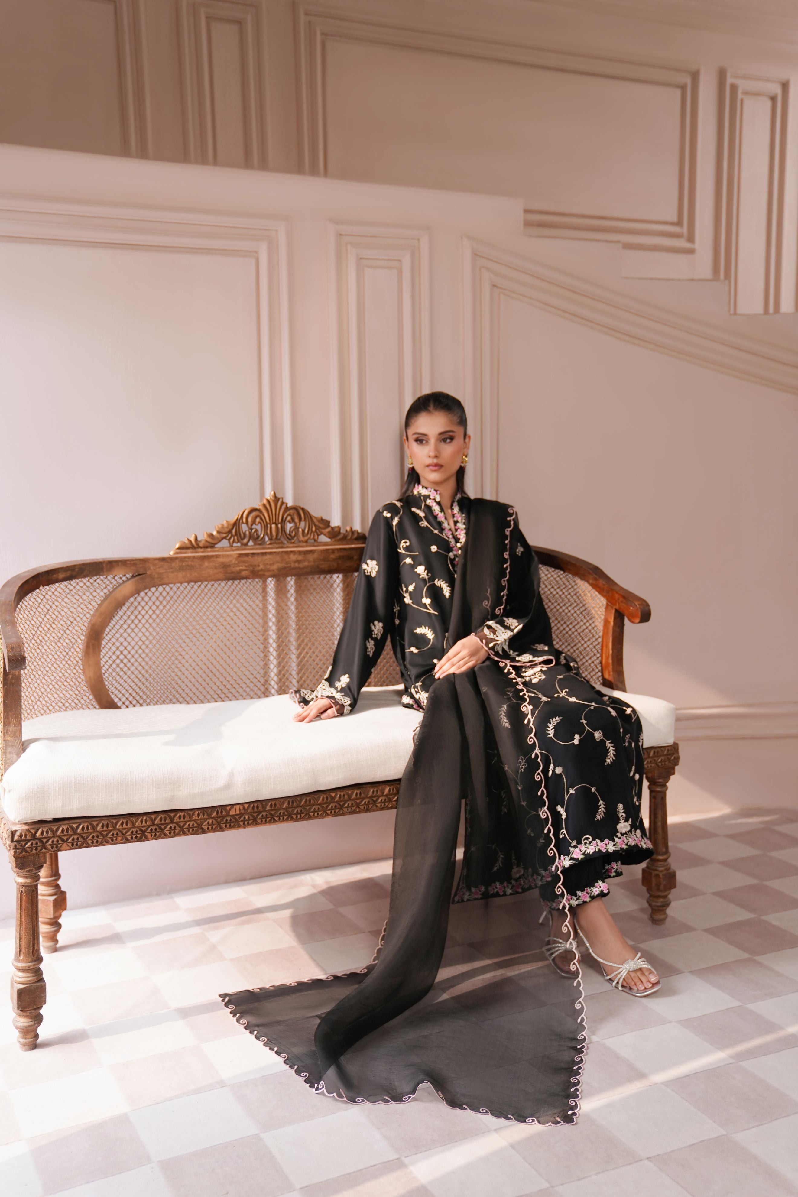 Pakistani Jet Black Embroidered Pure Raw Silk Salwar Kameez (3-Piece) - Image 8
