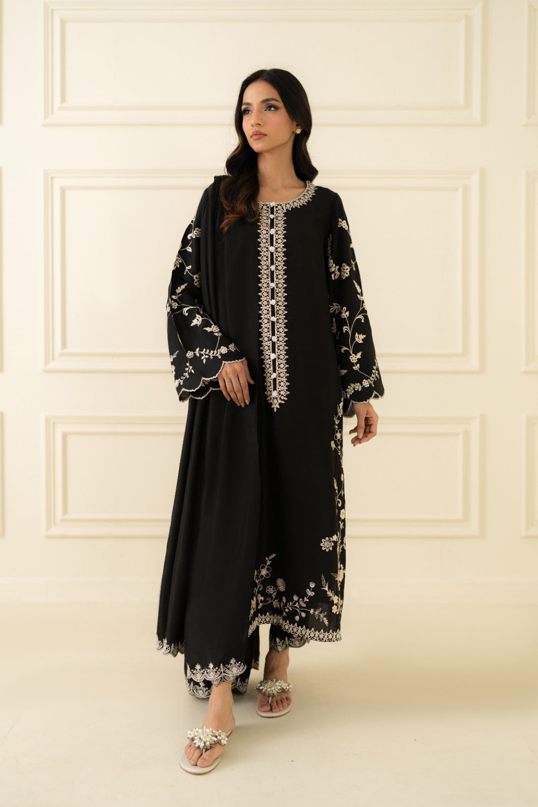 Black Embroidered Pure Raw Silk Salwar Kameez (3-Piece) - Image 1