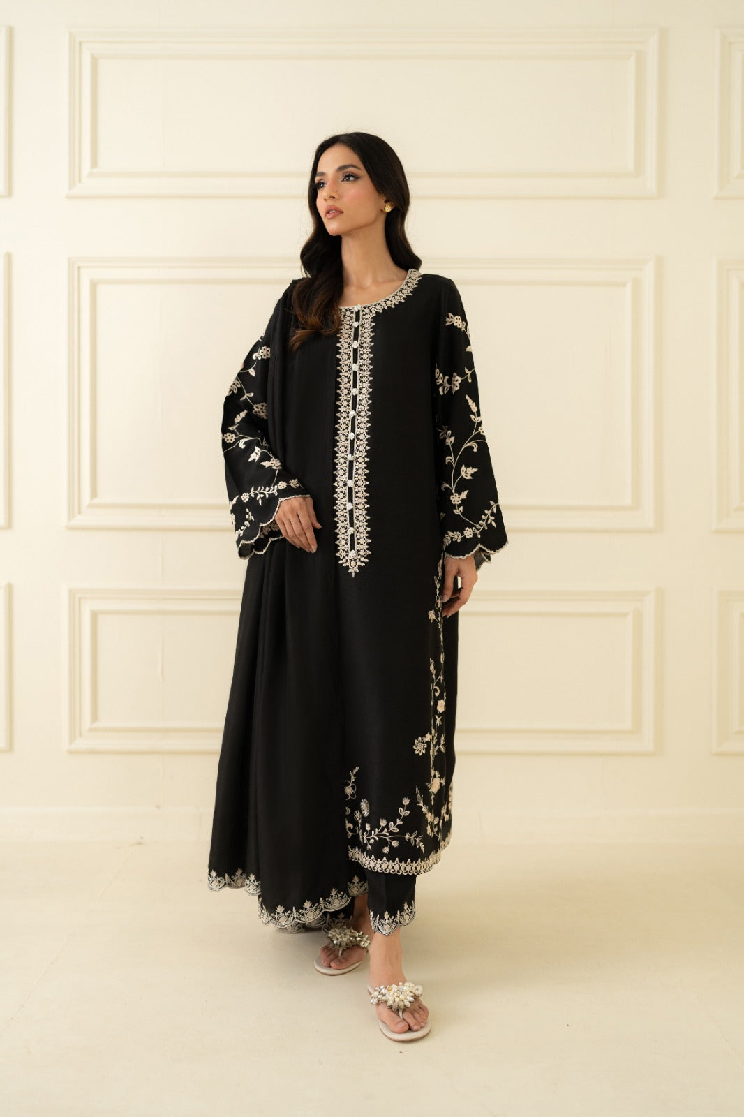 Black Embroidered Pure Raw Silk Salwar Kameez (3-Piece) - Image 2