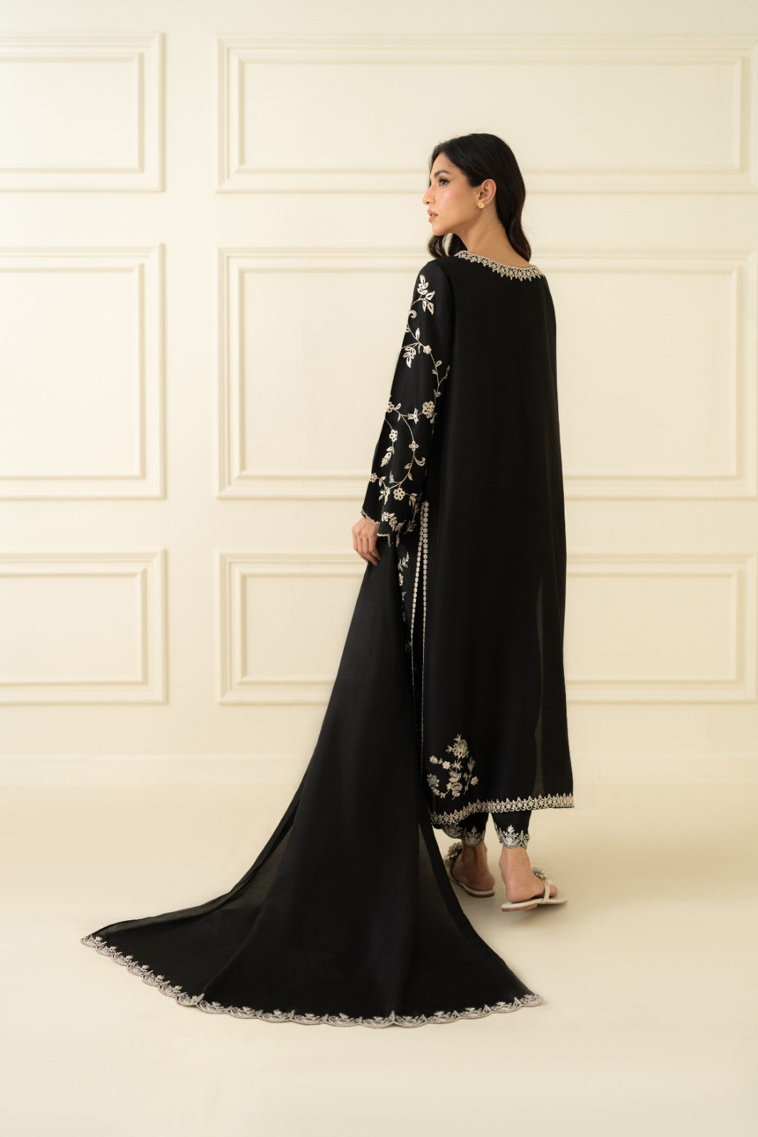 Black Embroidered Pure Raw Silk Salwar Kameez (3-Piece) - Image 6
