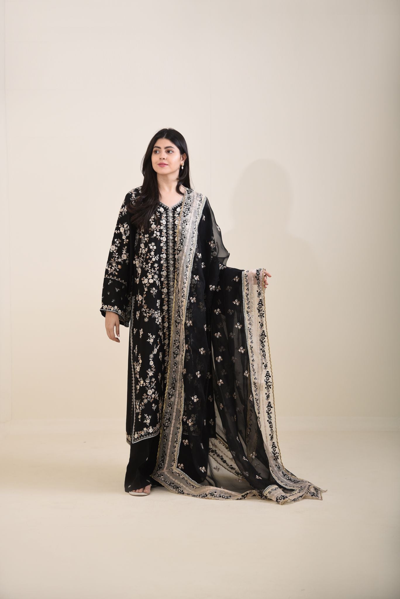 Black Embroidered Pure Raw Silk Salwar Kameez (3-Piece) - Image 1