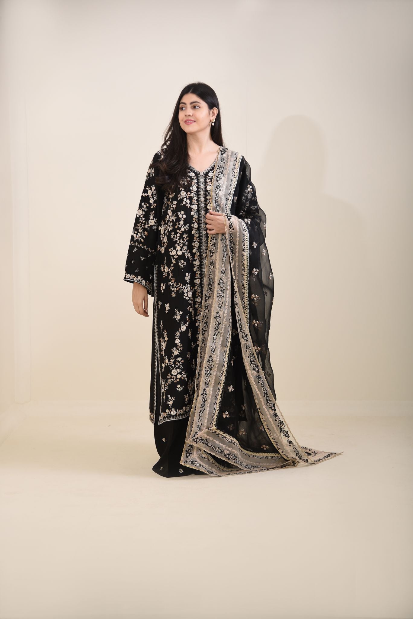Black Embroidered Pure Raw Silk Salwar Kameez (3-Piece) - Image 2