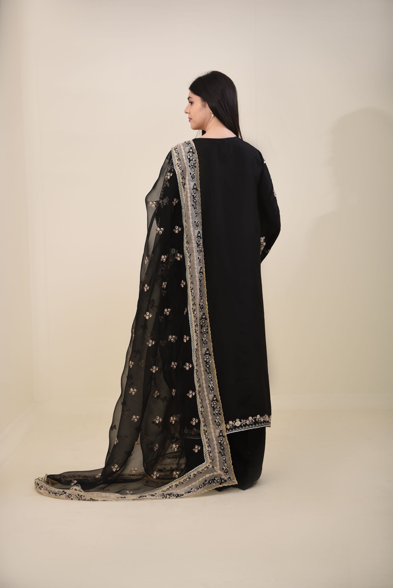 Black Embroidered Pure Raw Silk Salwar Kameez (3-Piece) - Image 3