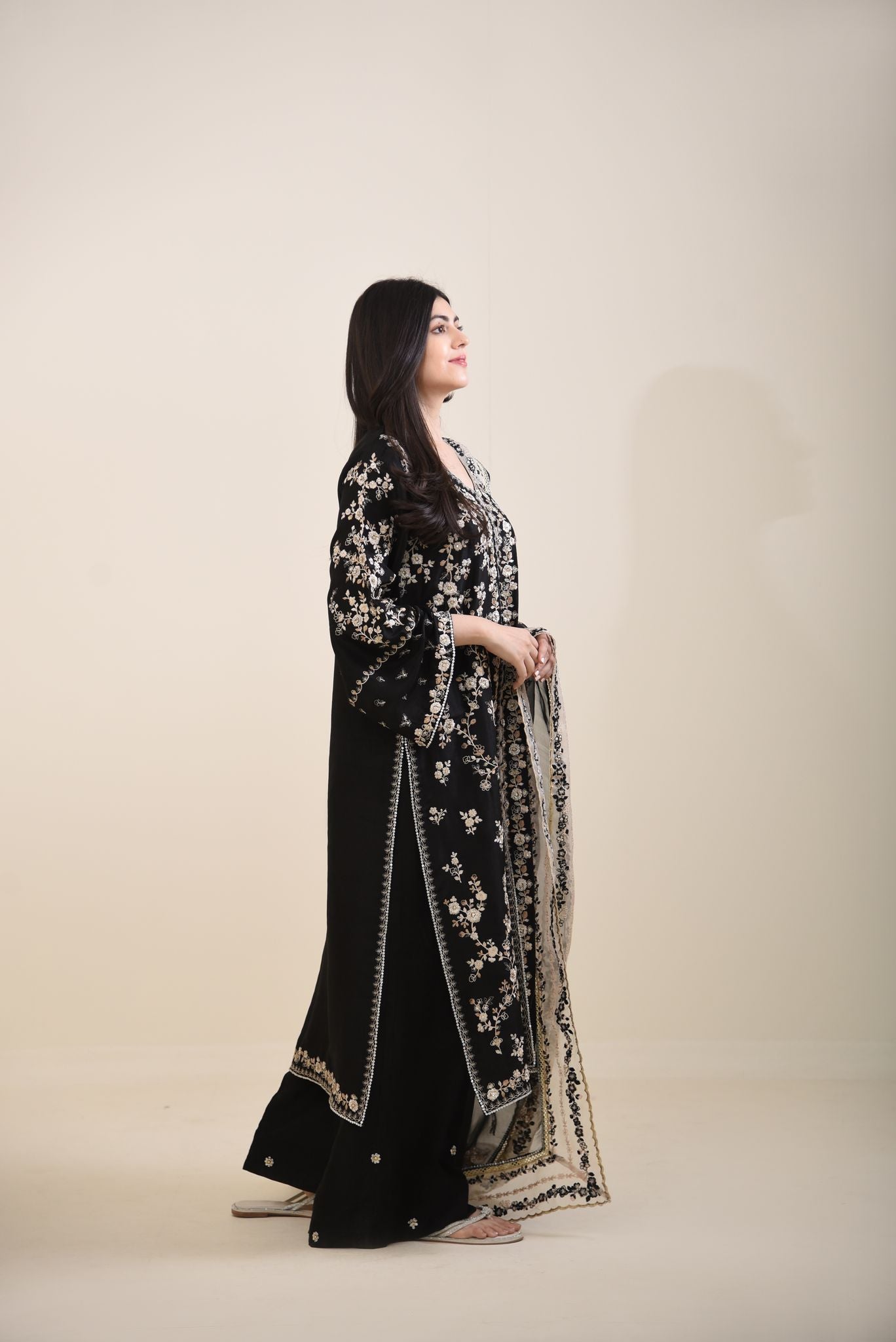 Black Embroidered Pure Raw Silk Salwar Kameez (3-Piece) - Image 4
