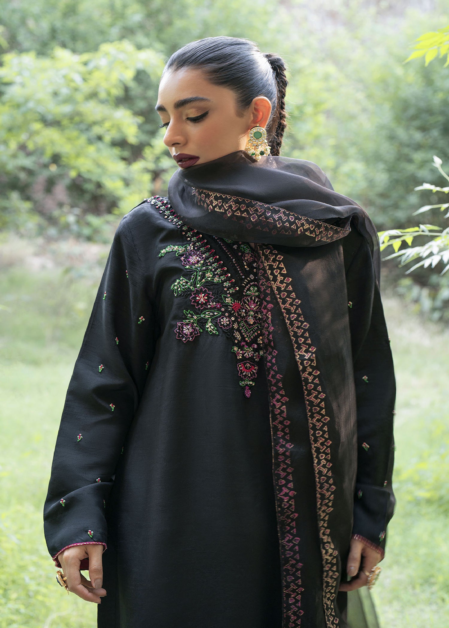 Black Threadwork Raw Silk Shalwar Kameez (3-Piece) - Image 3
