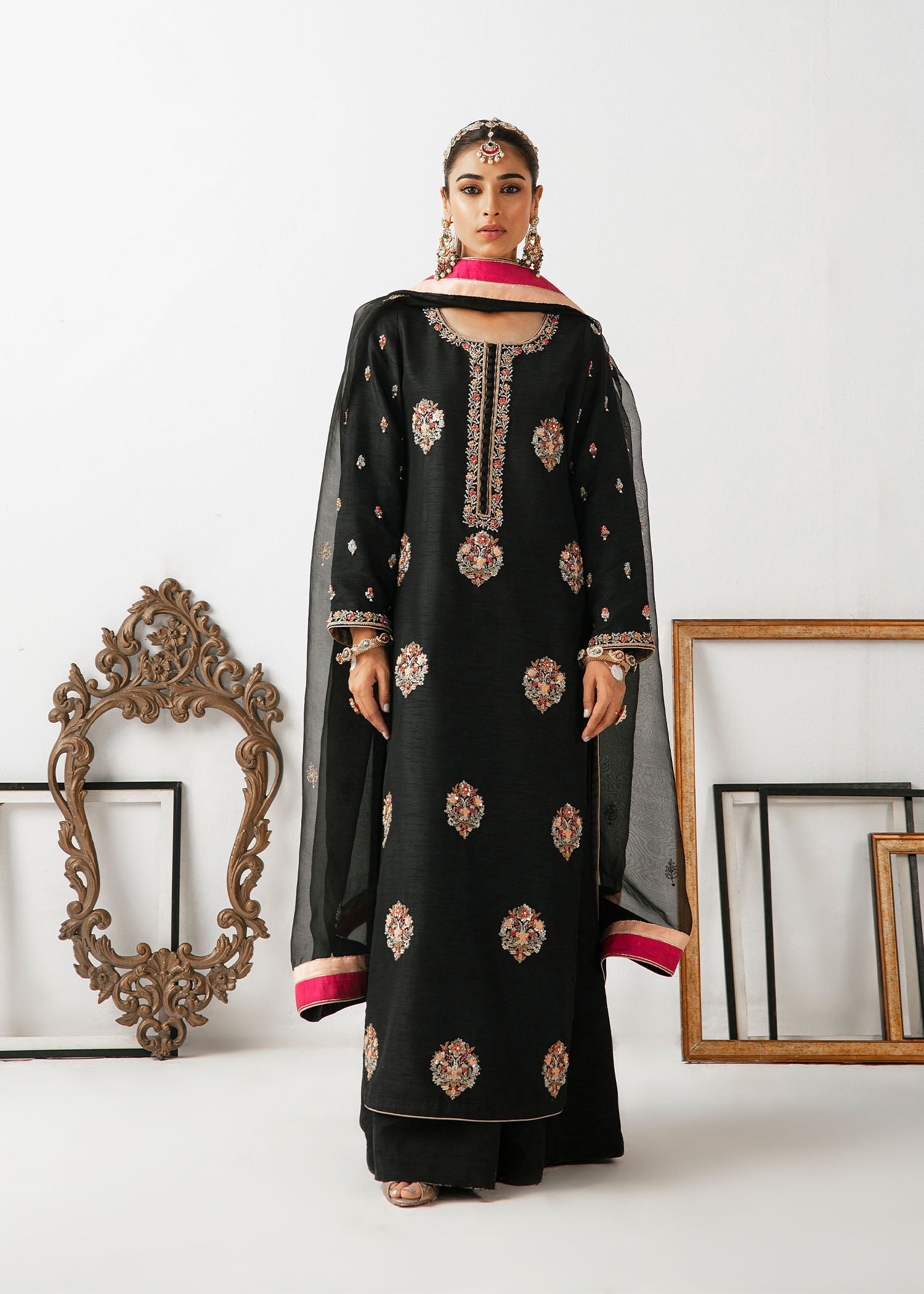 Black Embroidered Raw Silk Kurta Set (3-Piece) - Image 1
