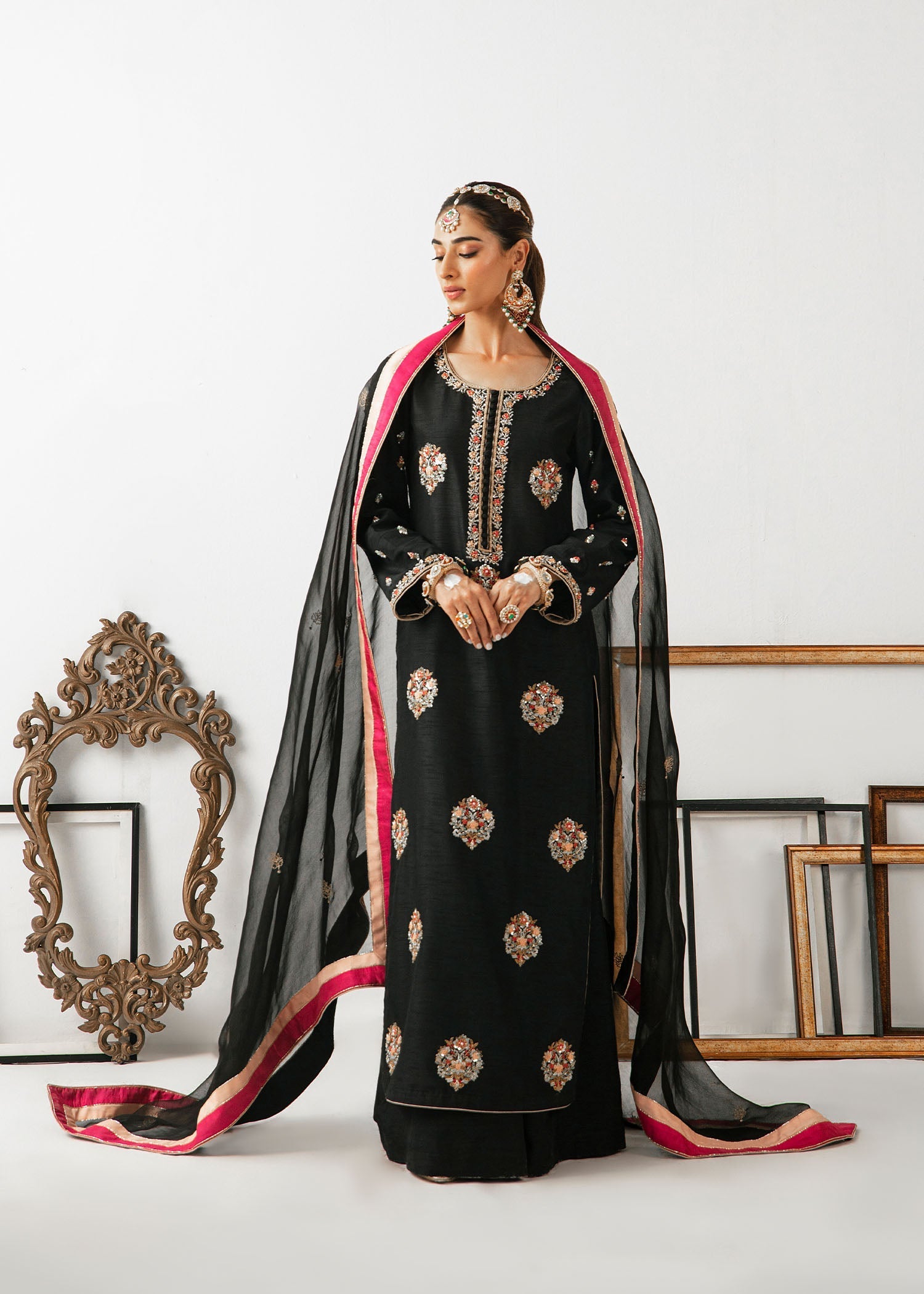 Black Embroidered Raw Silk Kurta Set (3-Piece) - Image 2
