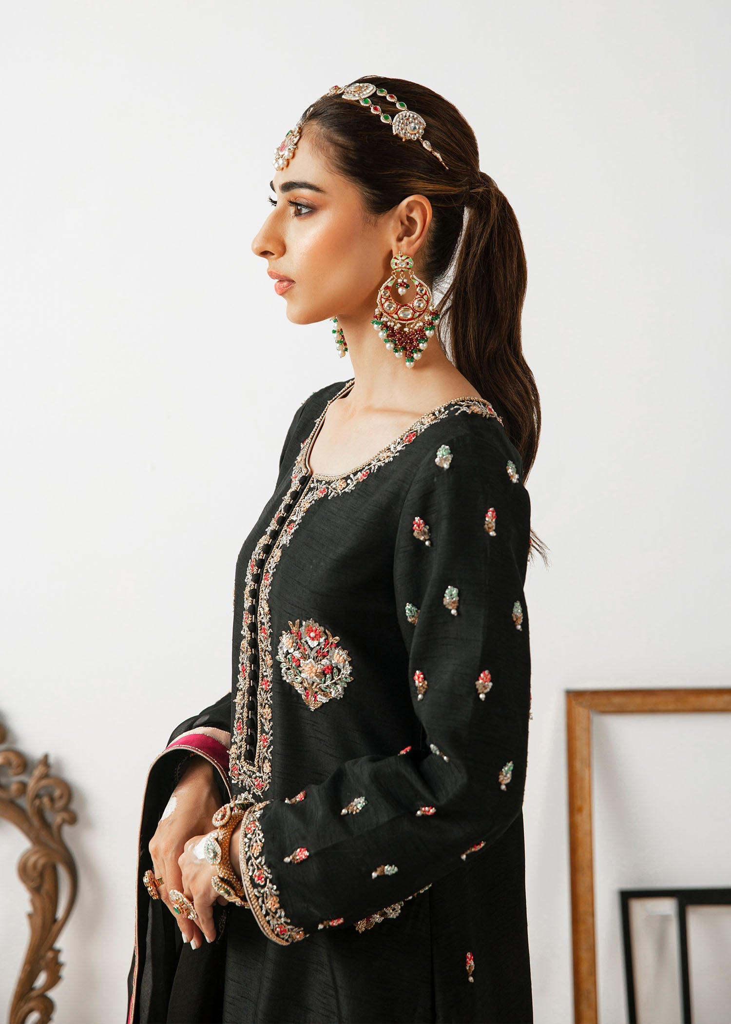Black Embroidered Raw Silk Kurta Set (3-Piece) - Image 3