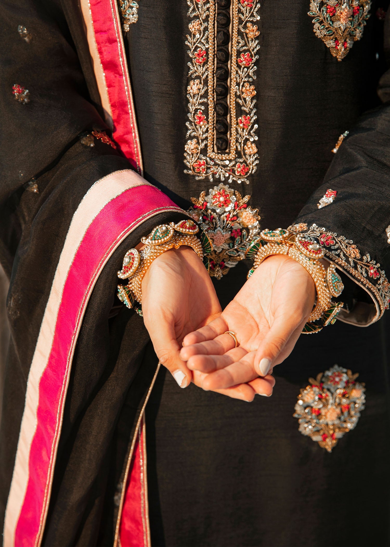 Black Embroidered Raw Silk Kurta Set (3-Piece) - Image 5