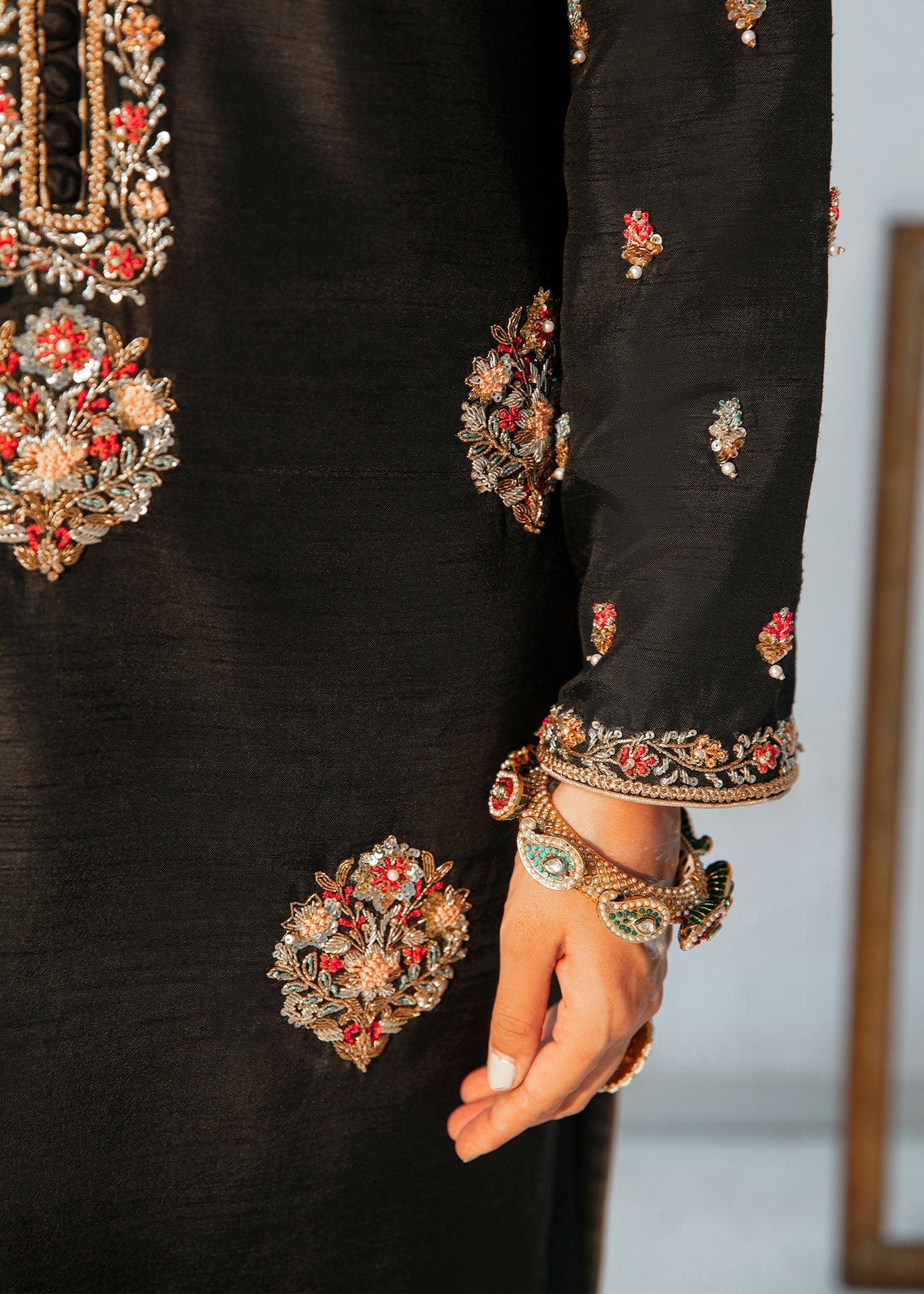 Black Embroidered Raw Silk Kurta Set (3-Piece) - Image 6