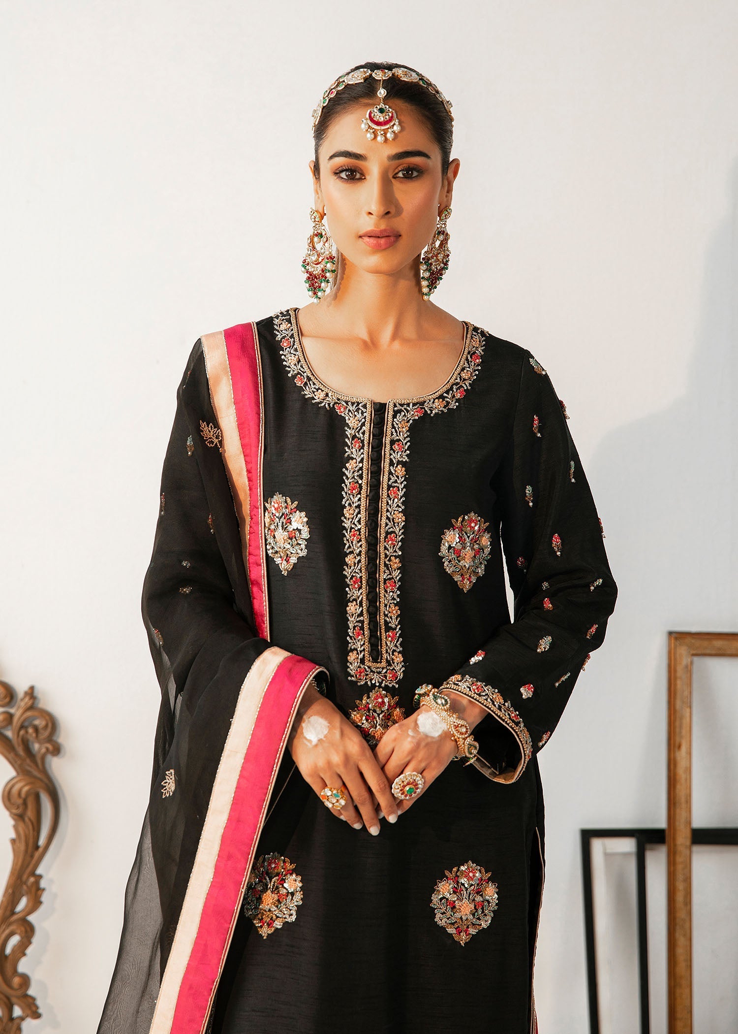 Black Embroidered Raw Silk Kurta Set (3-Piece) - Image 8