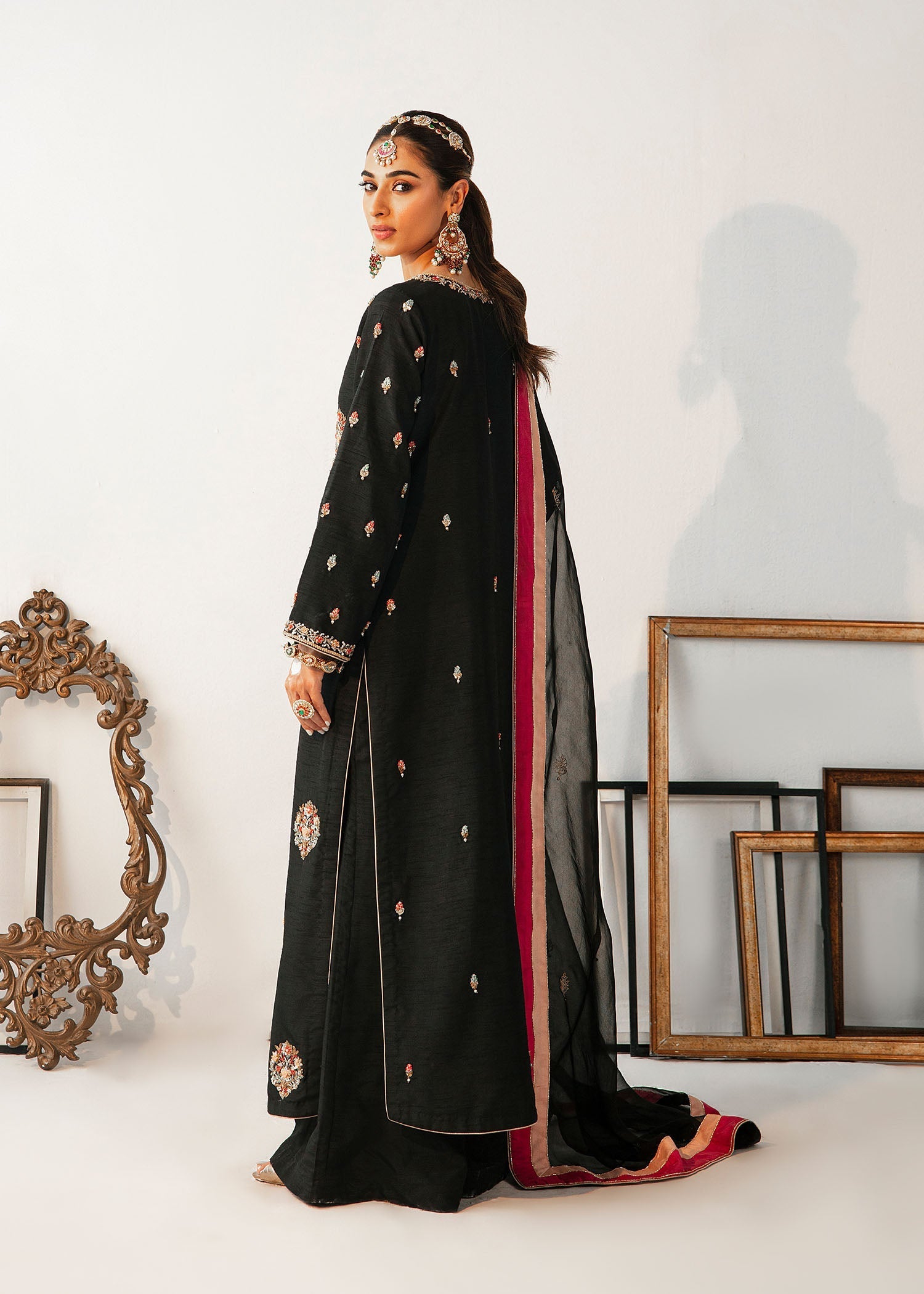 Black Embroidered Raw Silk Kurta Set (3-Piece) - Image 9