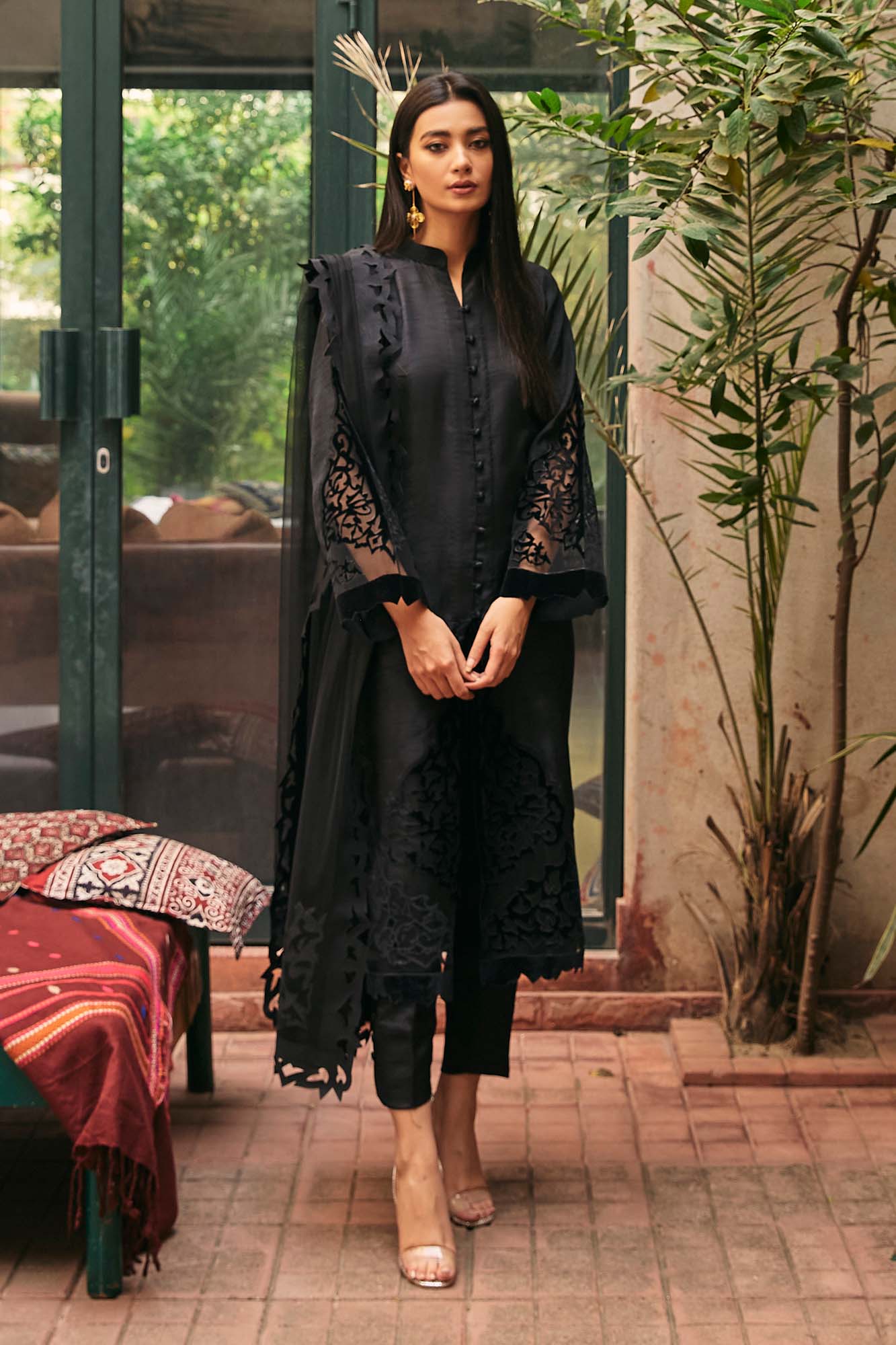 Black Velvet Appliqué Raw Silk & Net Salwar Kameez (3-Piece) - Image 3