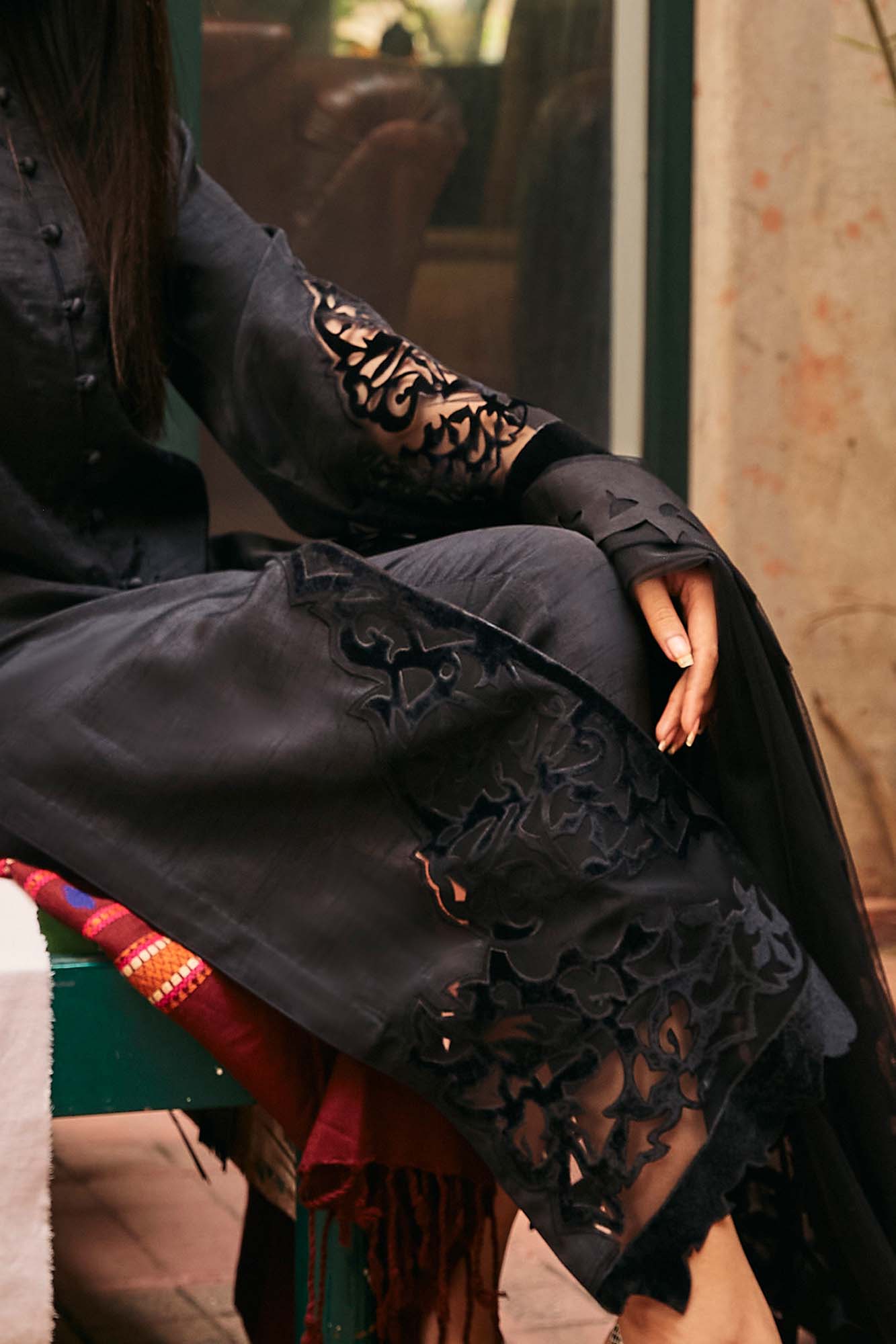 Black Velvet Appliqué Raw Silk & Net Salwar Kameez (3-Piece) - Image 5