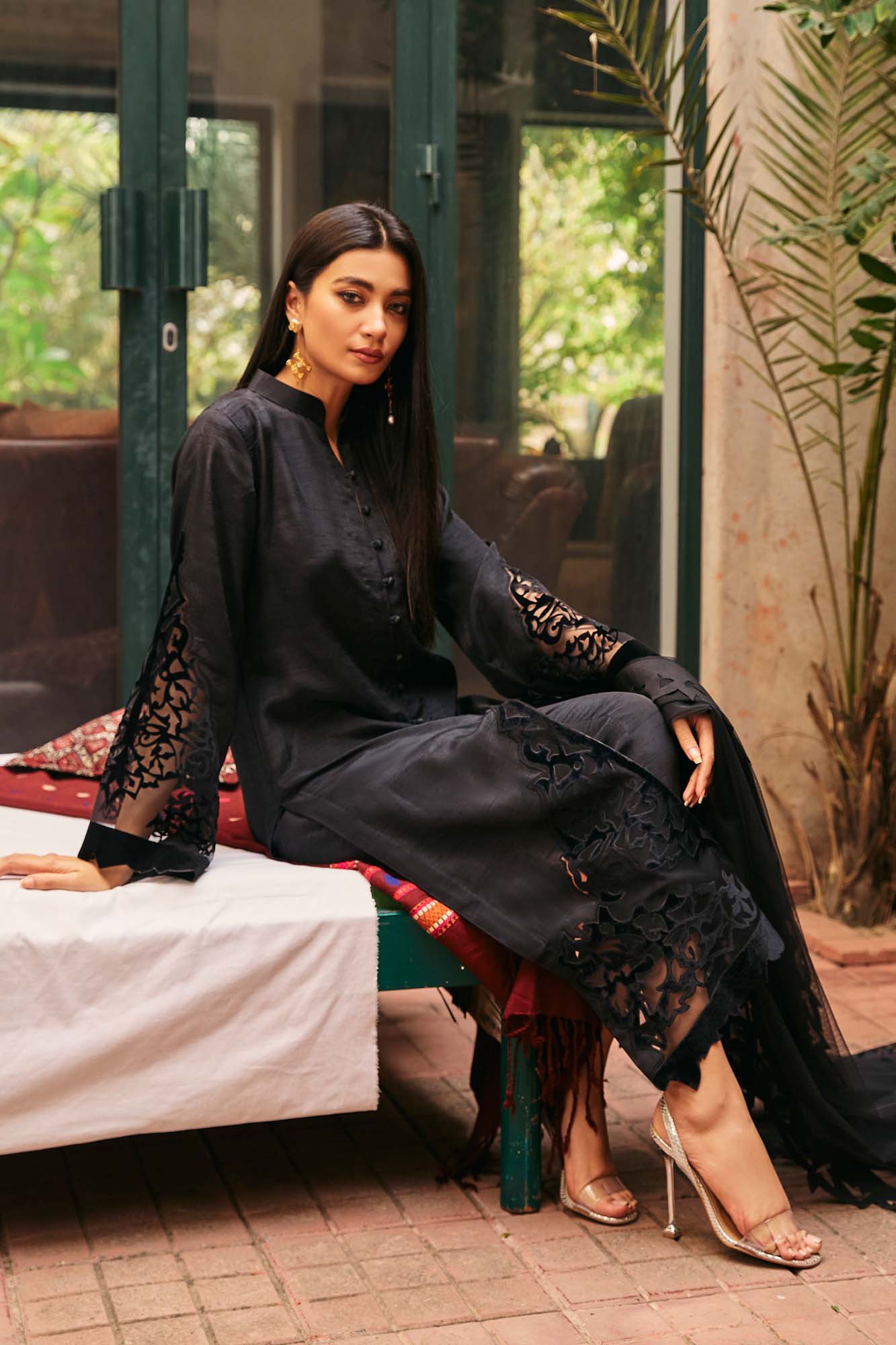 Black Velvet Appliqué Raw Silk & Net Salwar Kameez (3-Piece) - Image 6