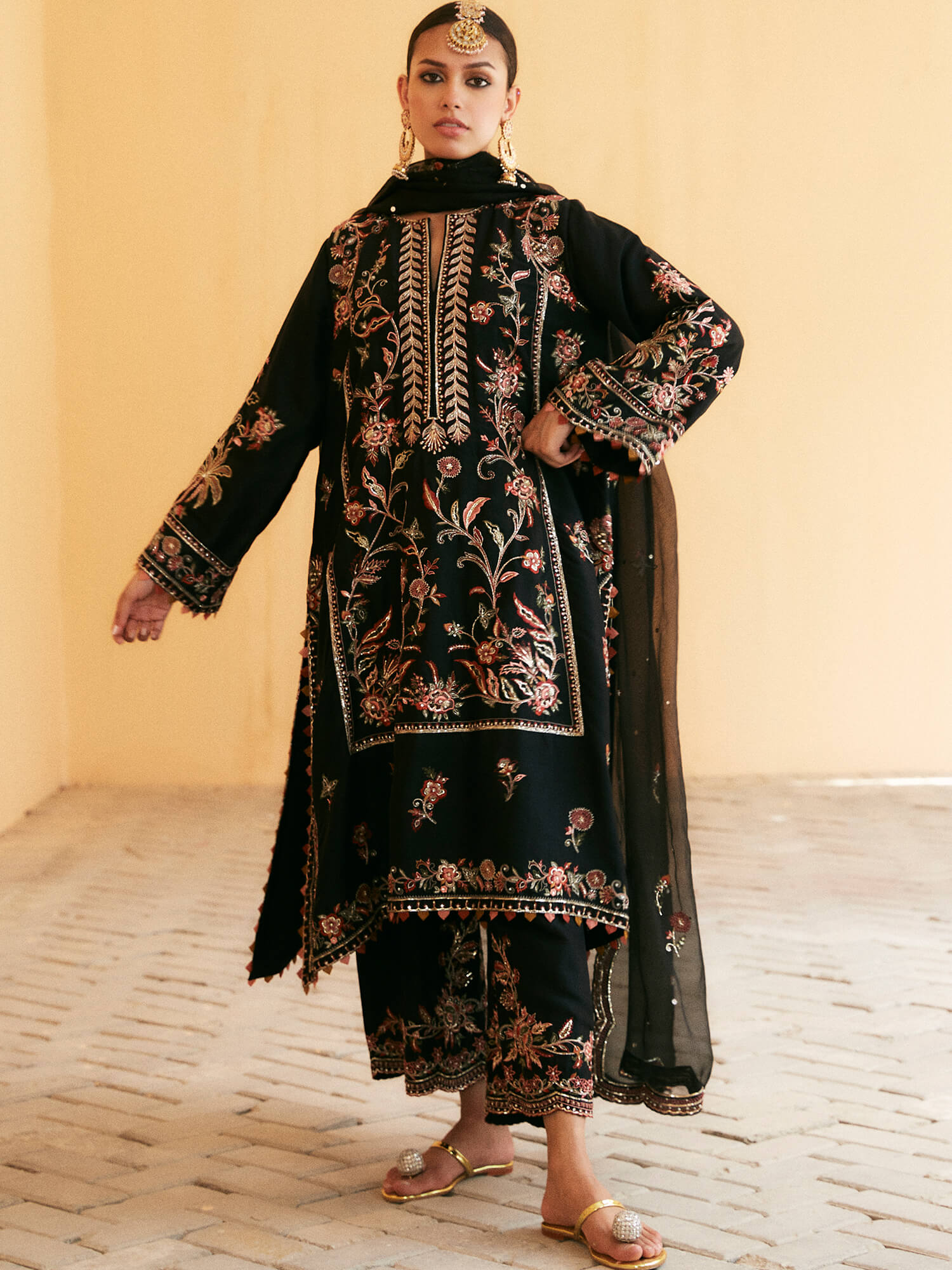 Black Zardozi Resham Raw Silk Kurta Set (3-Piece) - Image 1