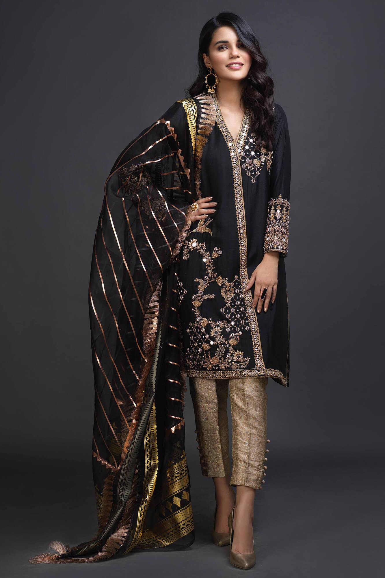 Black Zardozi PK Raw Silk Salwar Kameez (3-Piece) - Image 2