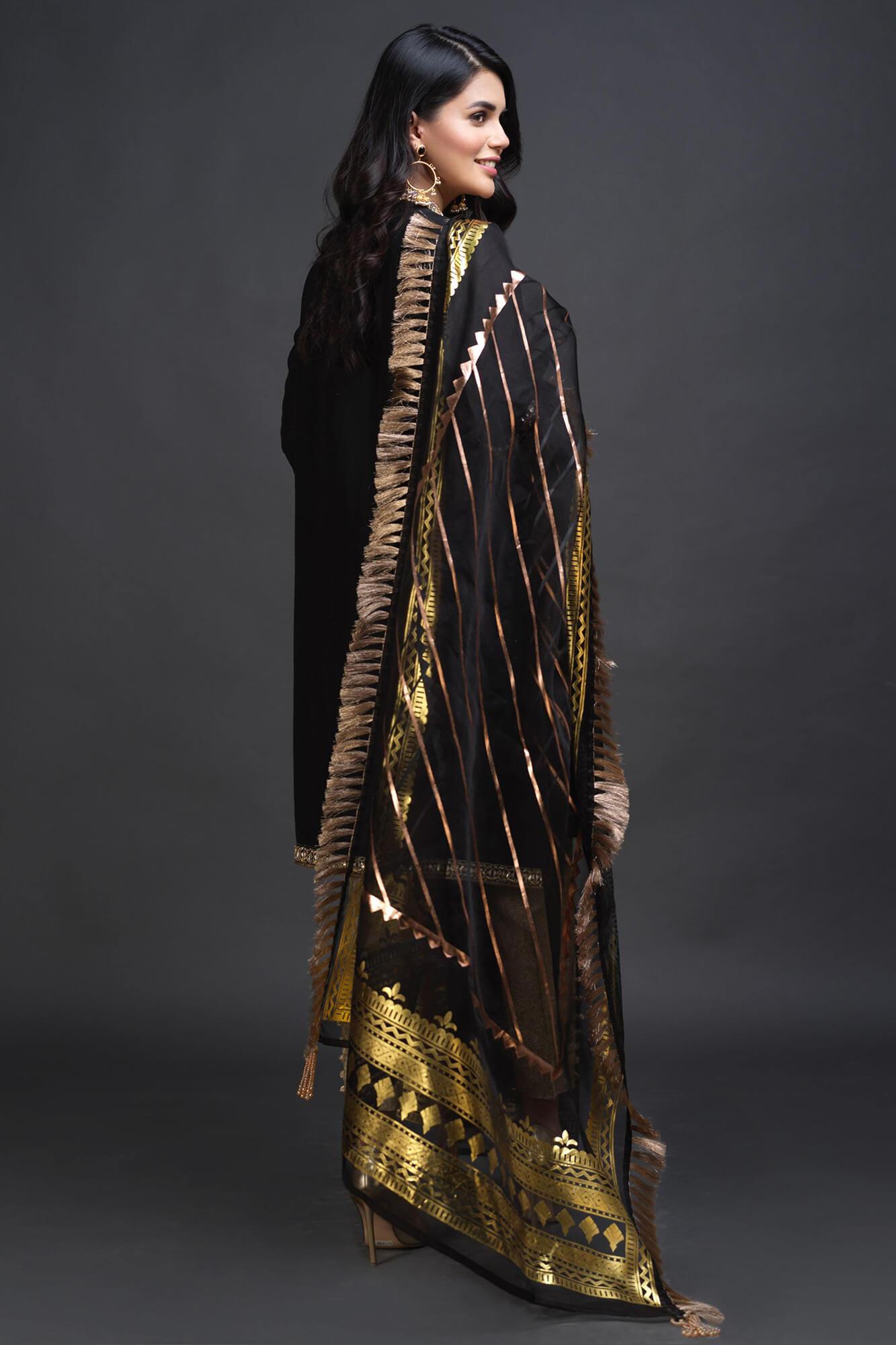 Black Zardozi PK Raw Silk Salwar Kameez (3-Piece) - Image 3