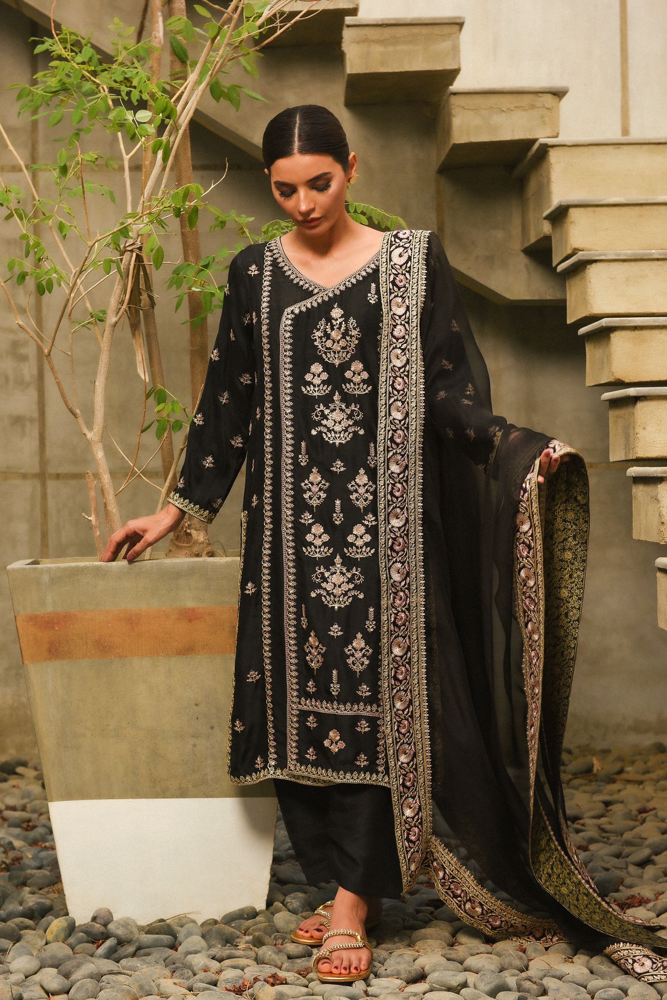Pakistani Jet Black Zari Sequin Raw Silk Salwar Kameez (3-Piece) - Image 1