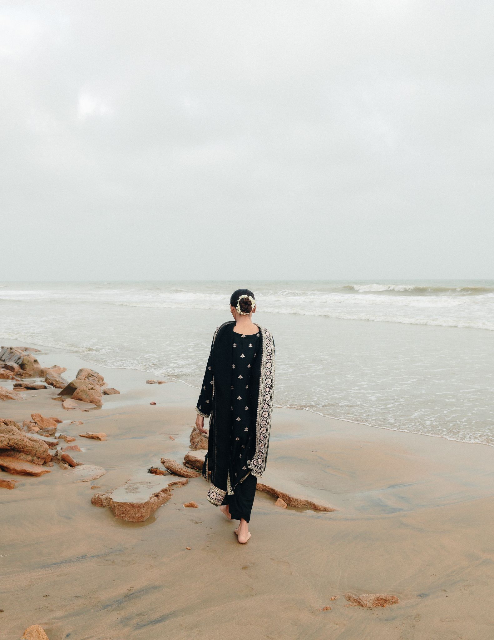 Pakistani Jet Black Zari Sequin Raw Silk Salwar Kameez (3-Piece) - Image 2